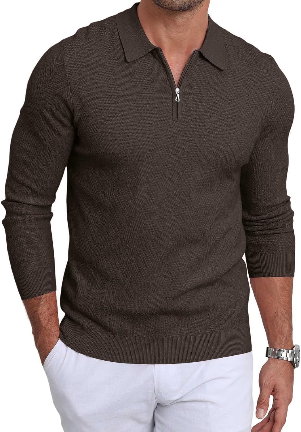Lexiart Men's Knit Polo Long Sleeve Slim Fit Textured Collared Quarter Zip Sweater Casual Lightweight