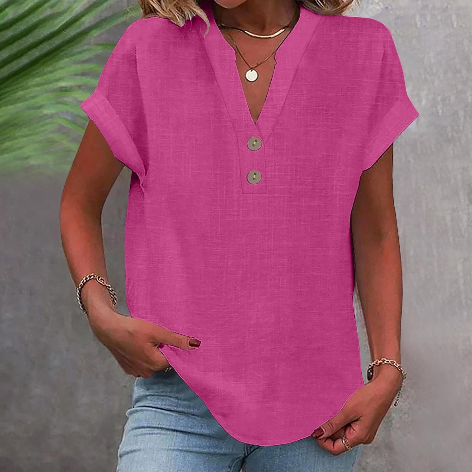 Linen Tops for Women 2025 Trendy Summer Short Sleeve Cotton Shirts Loose Causal Button V Neck Blouses Clothes