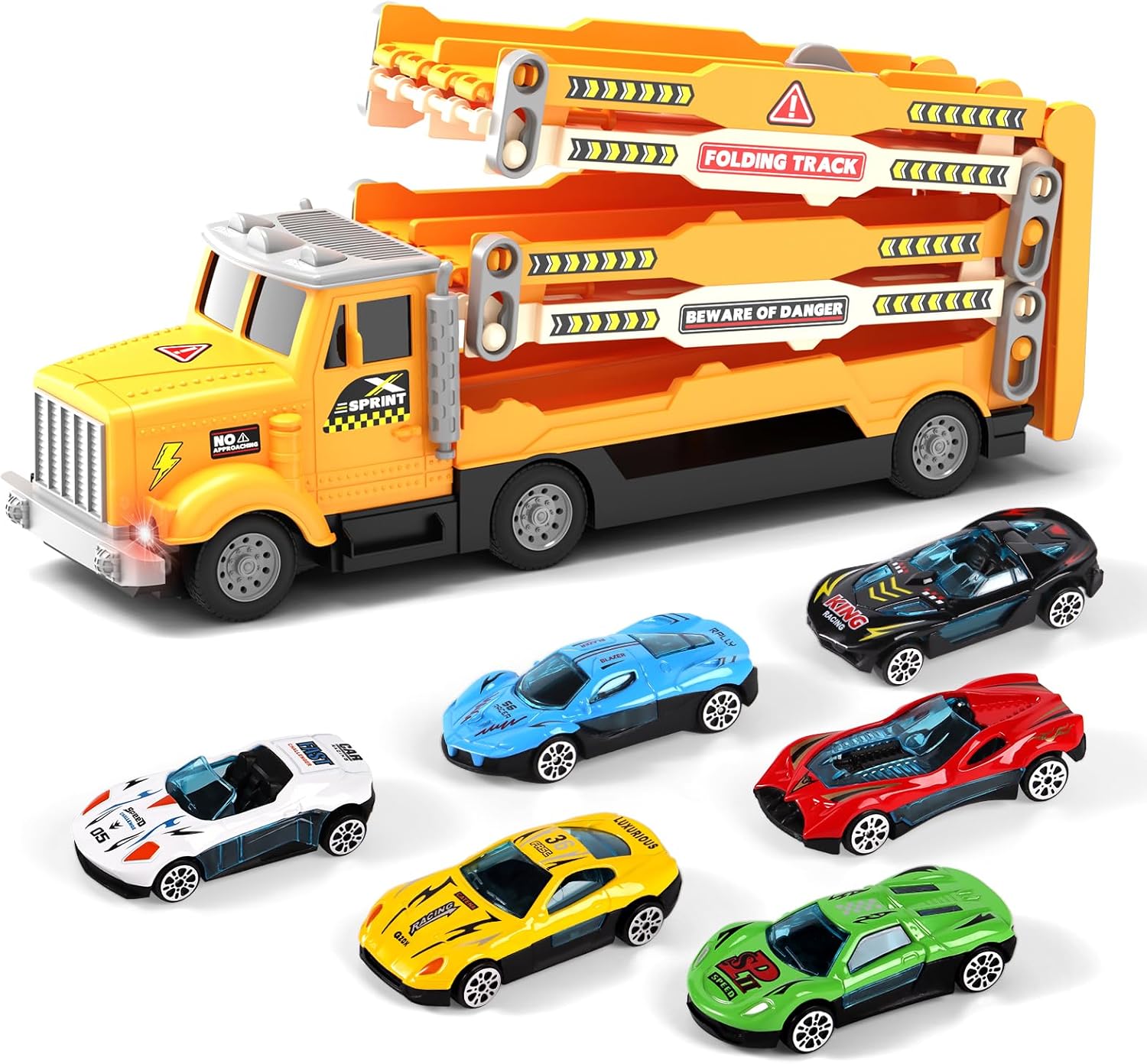 HONGTUO Race Track Truck Toy for Kids – Foldable 3-Layer Car Track Playset with 6 Vehicles, Light & Sound Transport Truck, Christmas & Birthday Gift for Boys and Girls Ages 3-6