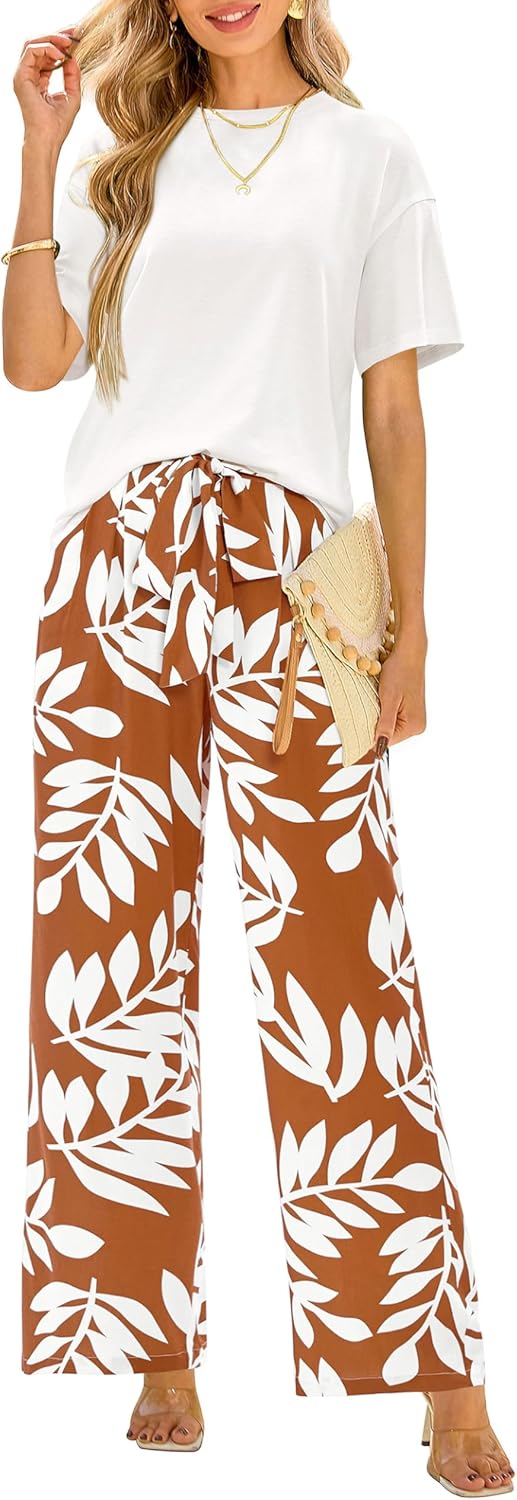 PRETTYGARDEN Women Summer 2 Piece Outfits 2026 Short Sleeve Knit Top Floral Print Belted Wide Leg Pant Sets With Pockets