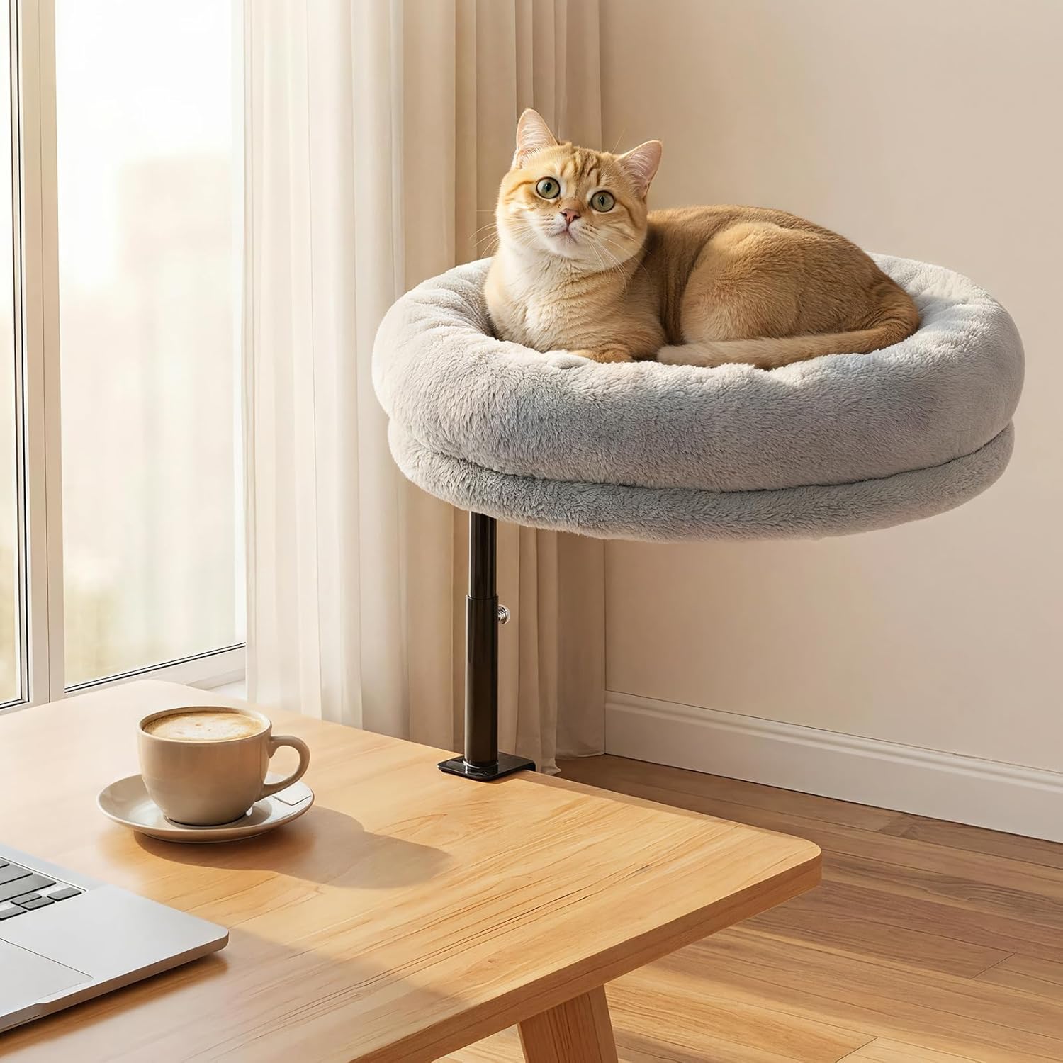 Sunhoo Cat Desk Bed 360° Rotating Height Adjustable Desktop Mount Hammock Kitten Perch Easy Setup Kitty Nest Table Clamp-on Attachment for Indoor Cats Washable 17" Diameter Hold Up to 40lbs（Grey）