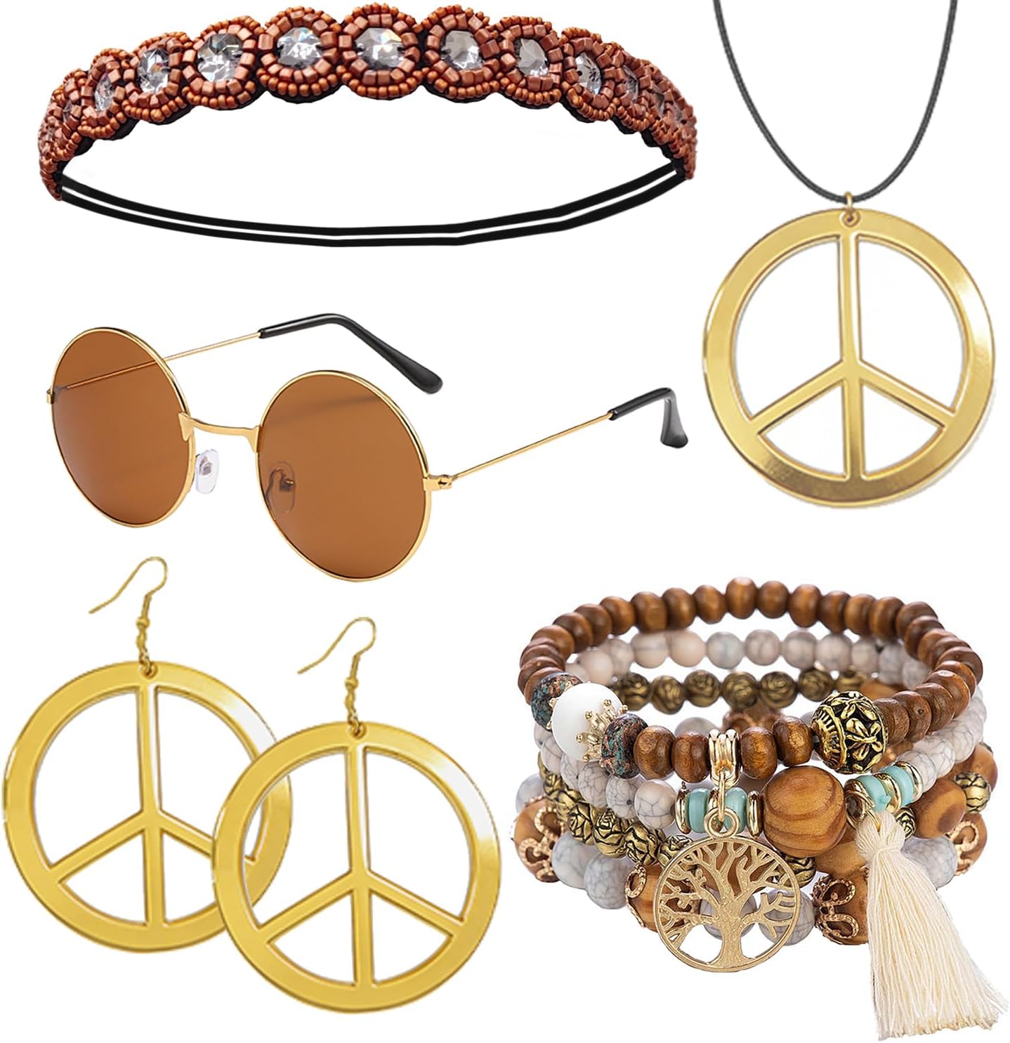 kasahara 5 Pcs Hippie Costume Accessories for Women 60s 70s Hippie Outfit Gifts Headband Peace Sign Necklace Earrings Bracelet Sunglasses