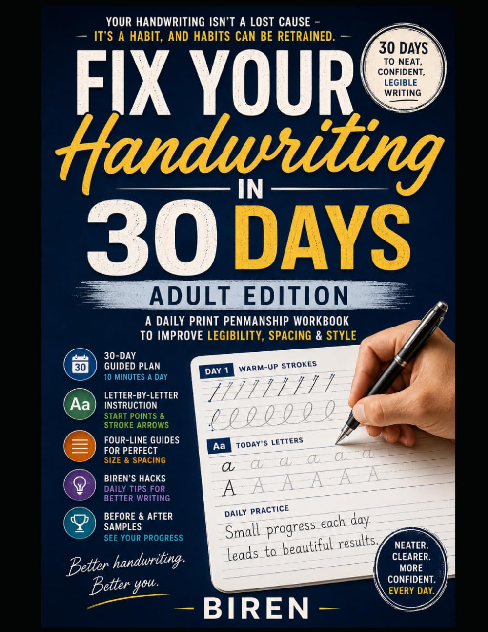 Fix Your Handwriting in 30 Days: Adult Edition - A Daily Print Penmanship Workbook to Improve Legibility, Spacing & Style