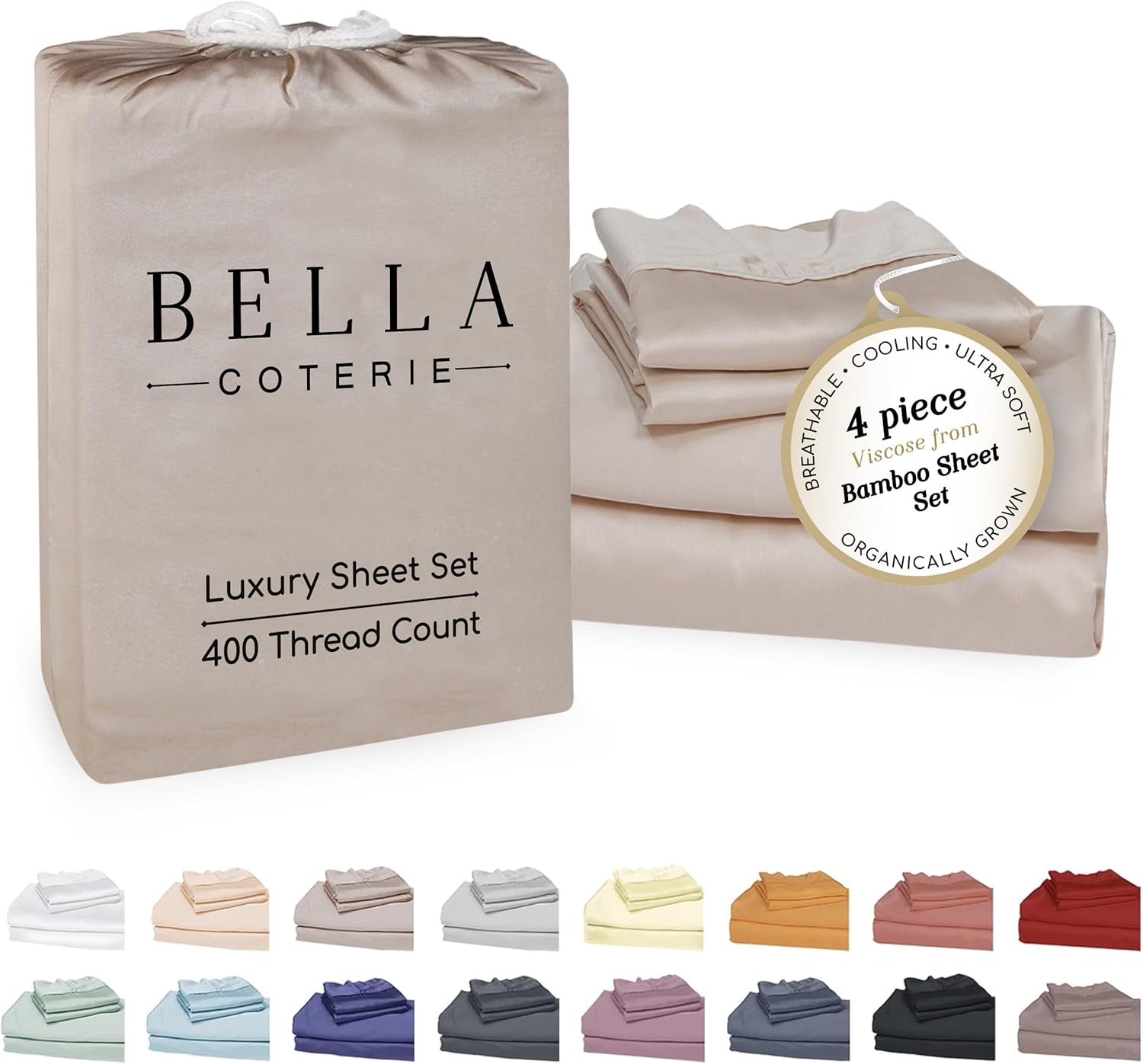 Bella Coterie Luxury Bamboo Viscose King Size Sheet Set | Organically Grown | Cooling | Ultra Soft & Breathable | 18" Deep Pocket w/ Corner Straps | Hypoallergenic [Dune]
