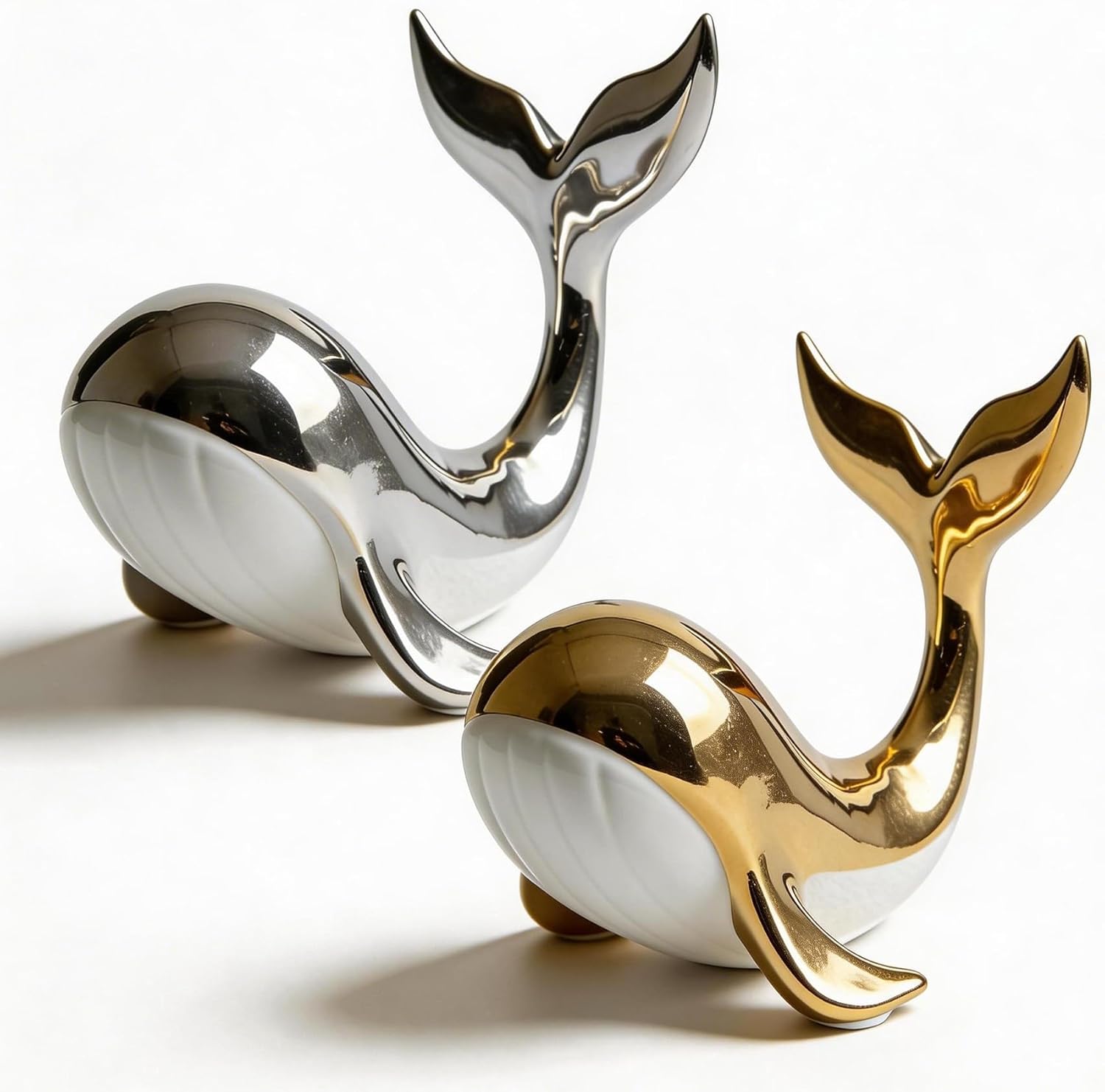 Golden & Silver Ceramic Whale Figurine Set – Decorative Sculpture, Symbol of Prosperity & Good Luck, Perfect Wedding, Anniversary & Housewarming Gift, Luxury Home Decor for Modern & Minimalist Spaces
