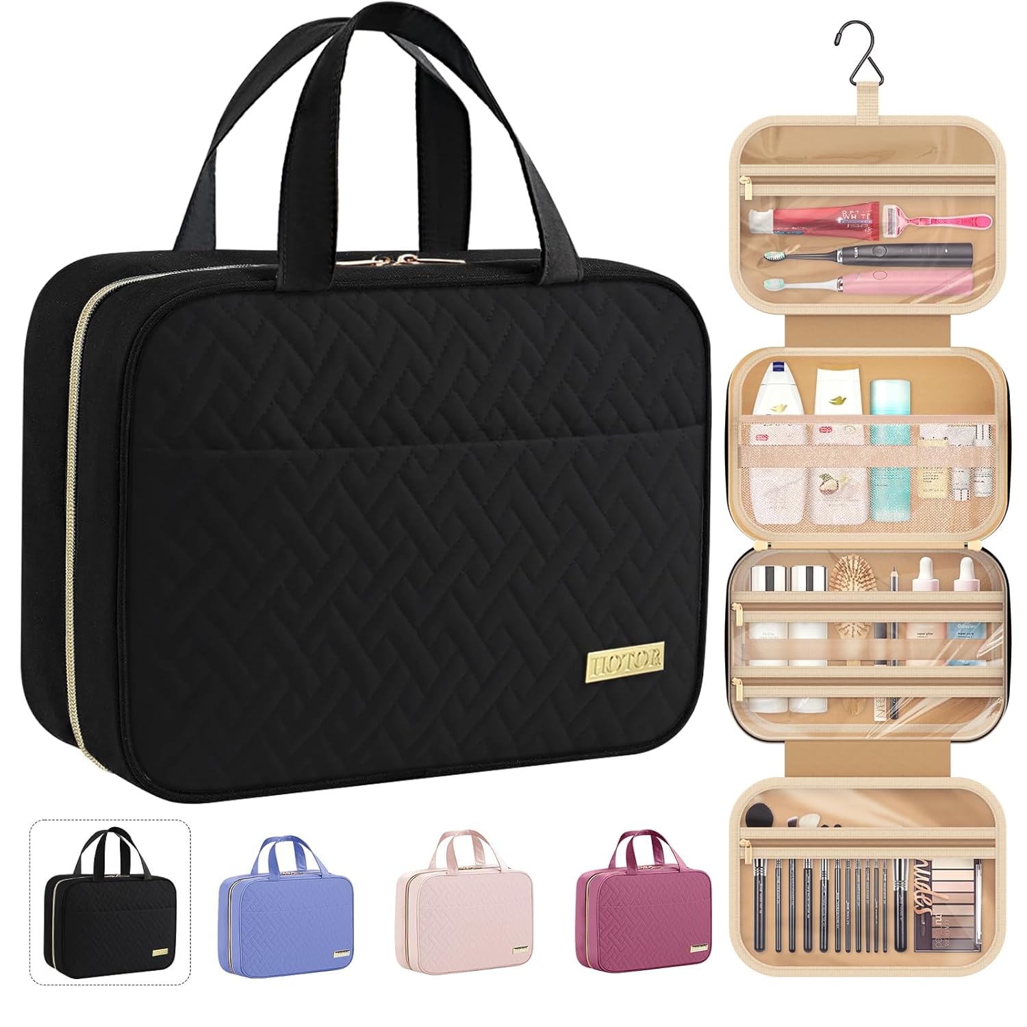 HOTOR Hanging Travel Toiletry Bag Women Men Essentials Black | Big Compartment, Waterproof Travel Accessories, Makeup Organizer Cosmetic Bag for Cruise, Gift, Road Trip, Vacation, Medium