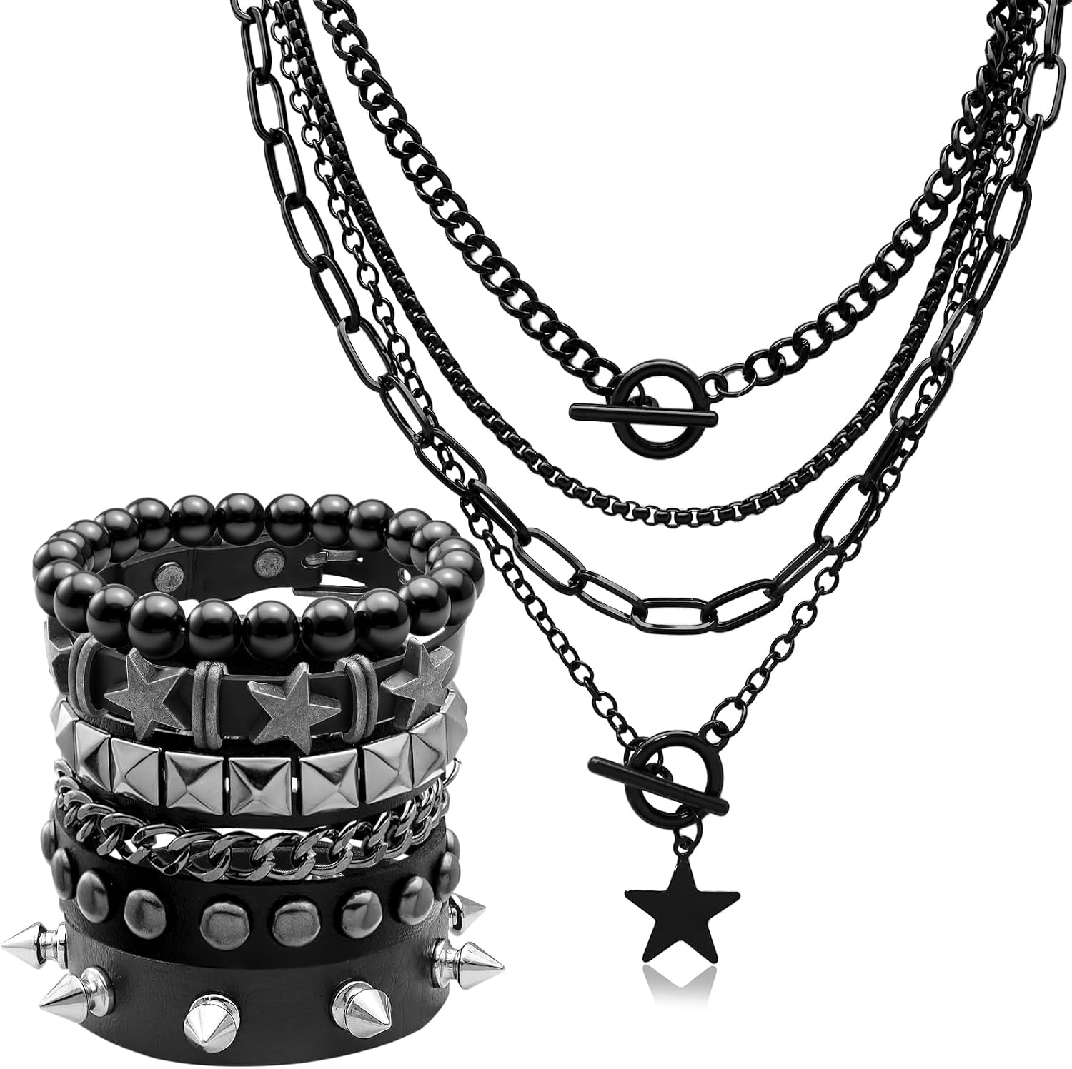 Fscwlmon 5 Pcs Layered Star Grunge Emo Studded Bracelets Goth Necklace Set for Women Men Y2K Star Guitar Gothic Choker Punk Rock Spiked Leather Bracelets 80s Emo Accessories Y2K Goth Jewelry Gifts