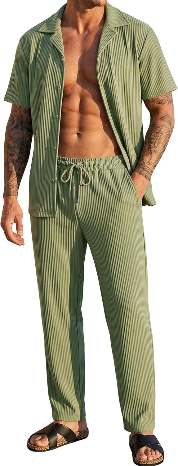 Men's 2 Piece Pleated Textured Outfit Summer Casual Short Sleeve Button Down Shirt And Pants Matching Sets