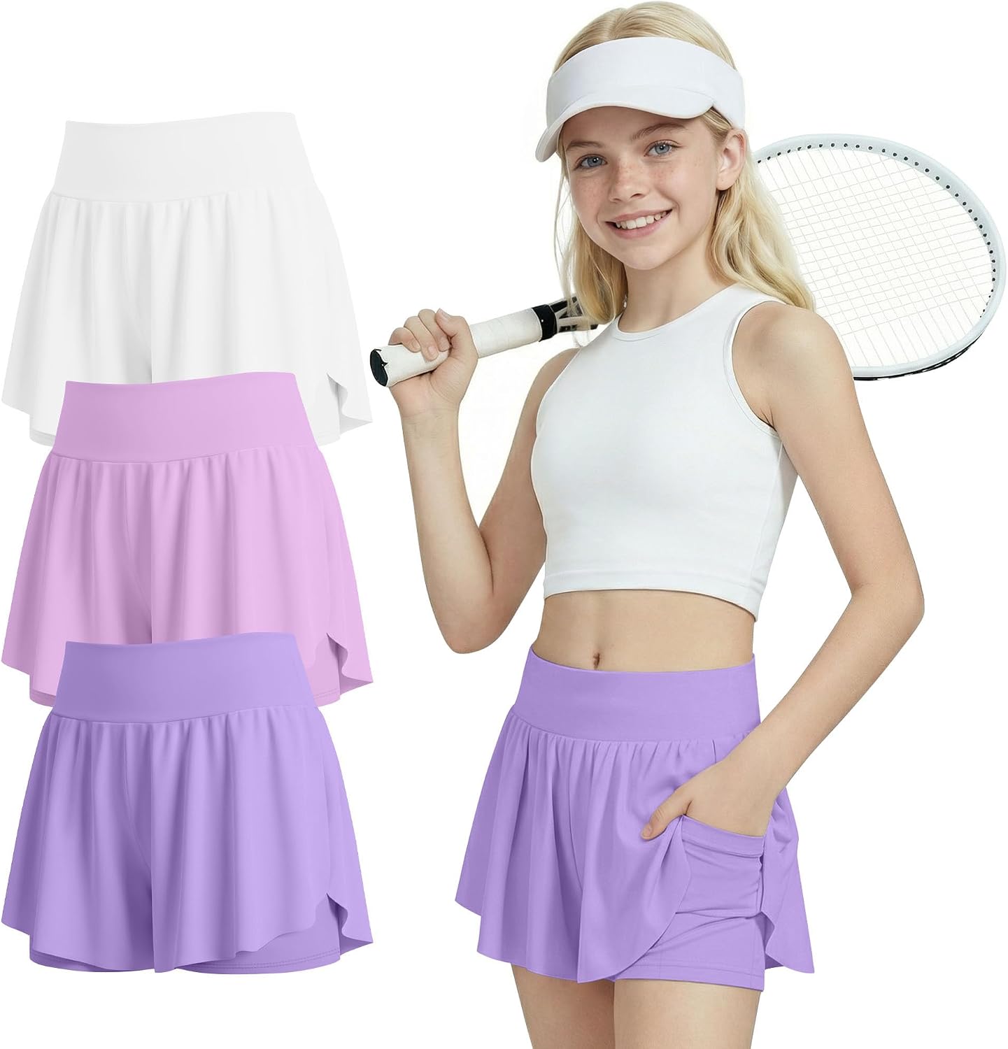 3 Pack Girls Athletic Shorts | 2 in 1 Skorts, Tennis, Flowy, Butterfly, Elastic High Waist, with Pockets, Sports, Back to School Outfits, for Kids 5-14