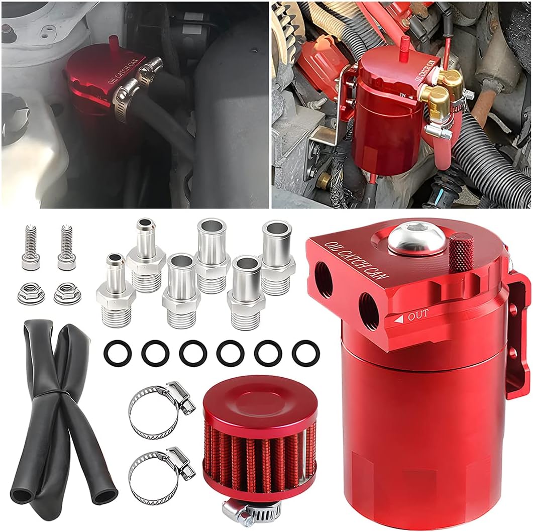 AICEL Baffled Oil Catch Can Kit Aluminum Separator, Breather Filter Red | Alloy body, silicone and stainless steel parts, pvc vapor capture, includes matching adapter fittings, auto accessories