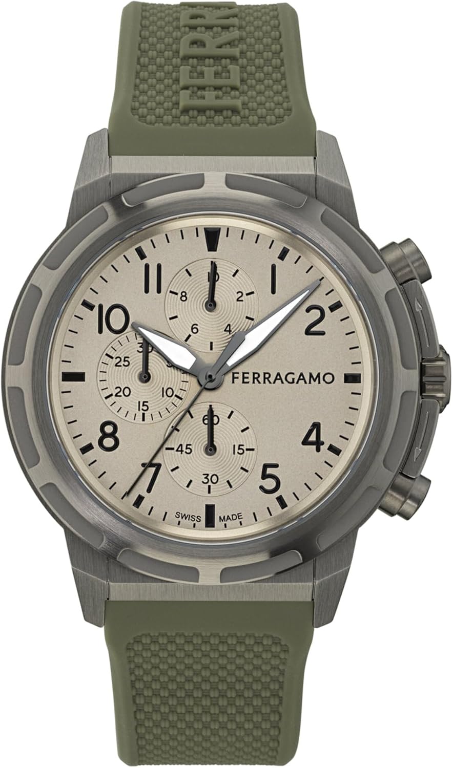 Ferragamo Sport Chrono Men’s Watch, Swiss Made Luxury Designer Watch for Men with Grey Sunray Dial, 44mm IP Gunmetal Case, Green Silicone Strap, Ardillon Buckle, 10 ATM