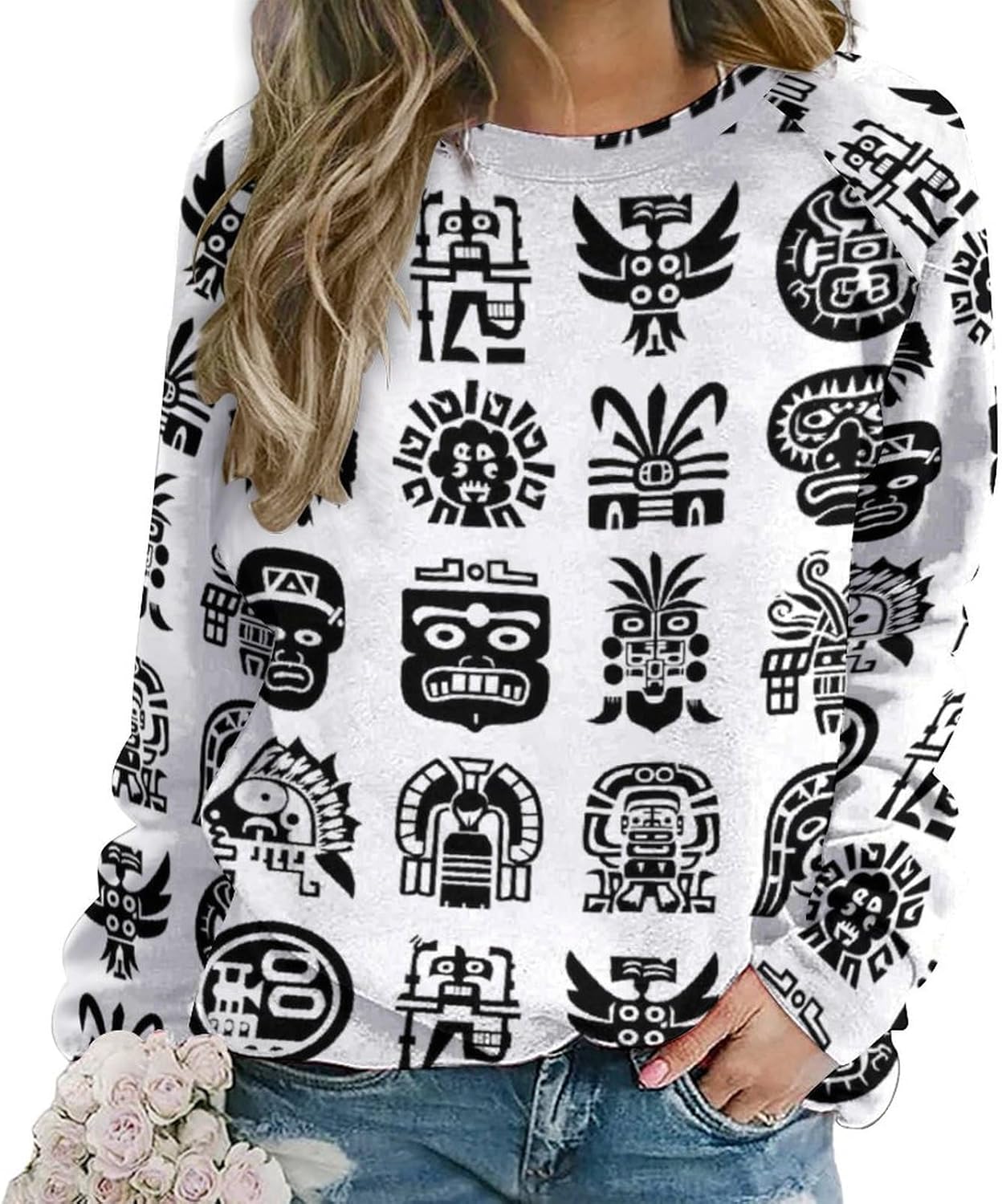 ZOCAVIA Western Aztec Sweatshirts for Women Retro Ethnic Graphic Crewneck Long Sleeve Pullover Tops Fall Casual Country Shirt