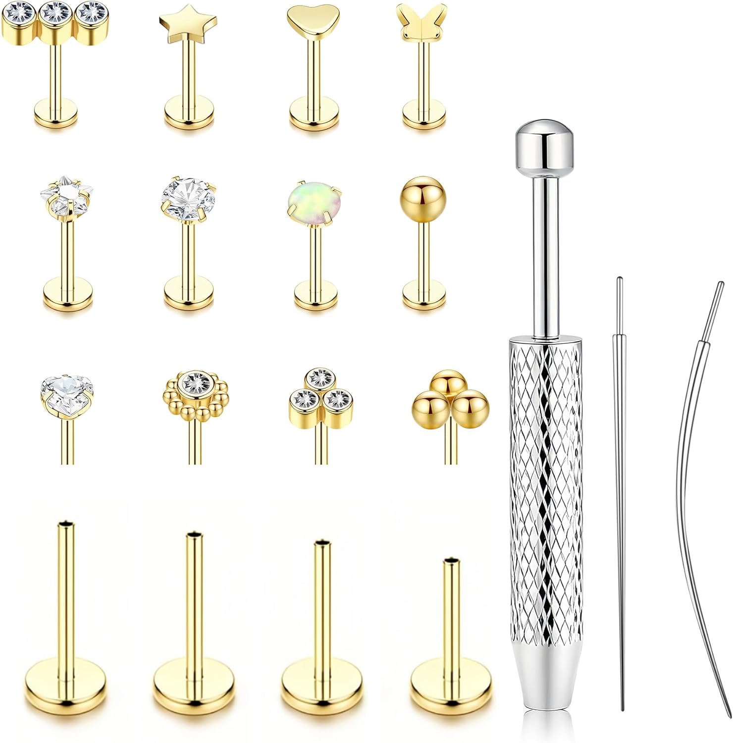 15Pcs 20G/18G/16G Flat Back Push in Stud Earrings 316L Surgical Stainless Threadless nose rings Medusa Piercing Jewelry Hypoallergenic Labret Studs Lip Rings ring for Women Men Be Equipped With Ball G