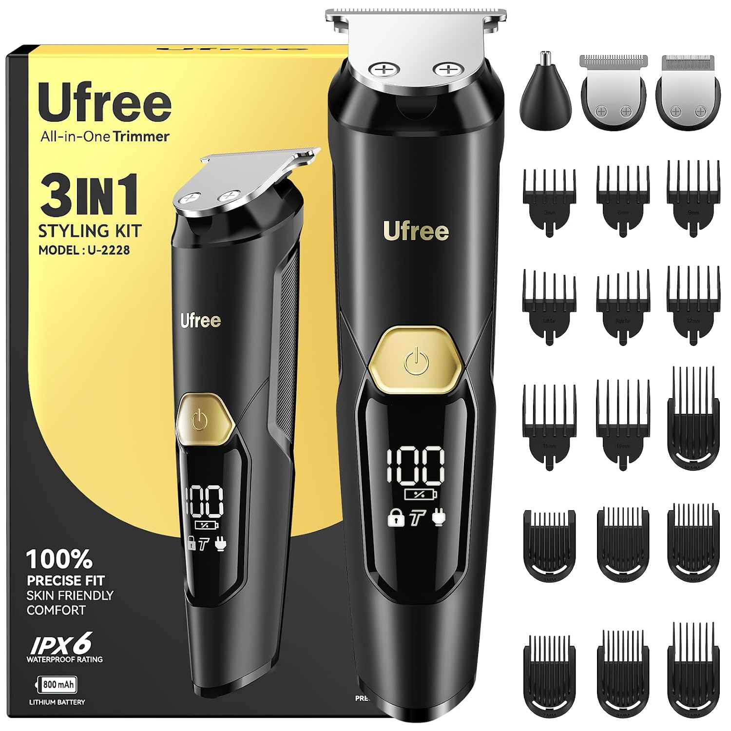Ufree 3-in-1 Beard Trimmer for Men, IPX6 Waterproof Electric Razor Shaver | Beard, Nose, Hair, Stainless Steel Blades, USB-C Charge, 120-Min Usage, 8000 RPM, Wet and Dry, Travel Lock, Men Gifts