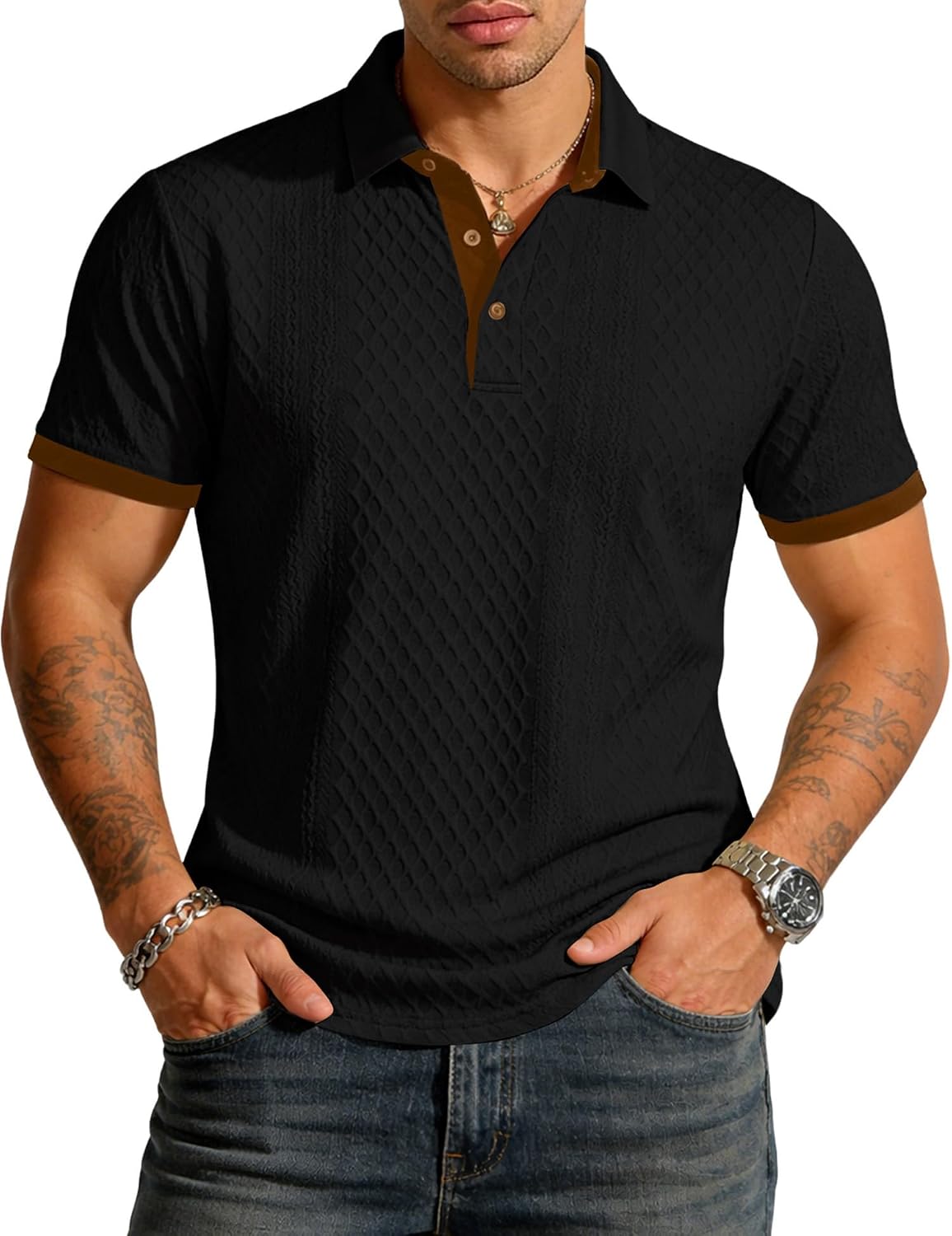 UOUA Mens Summer Short Sleeve Casual Polo Shirt Classic Button Textured Golf T Shirts Beach Vacation Top