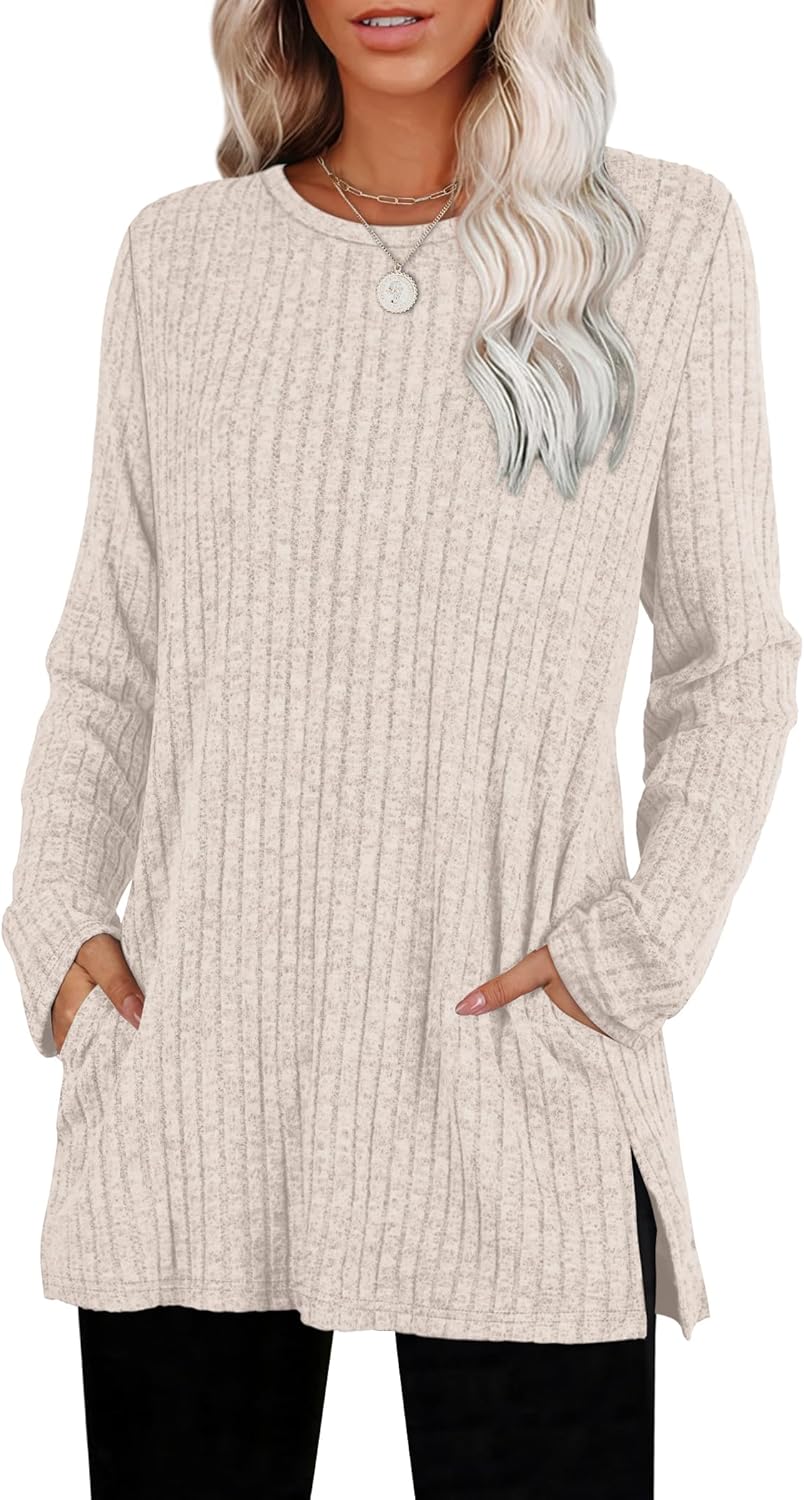 Sampeel Womens Sweaters Crewneck Long Sleeve Shirts with Pockets Fall Outfits 2026 Fashion Winter Clothing Side Slit