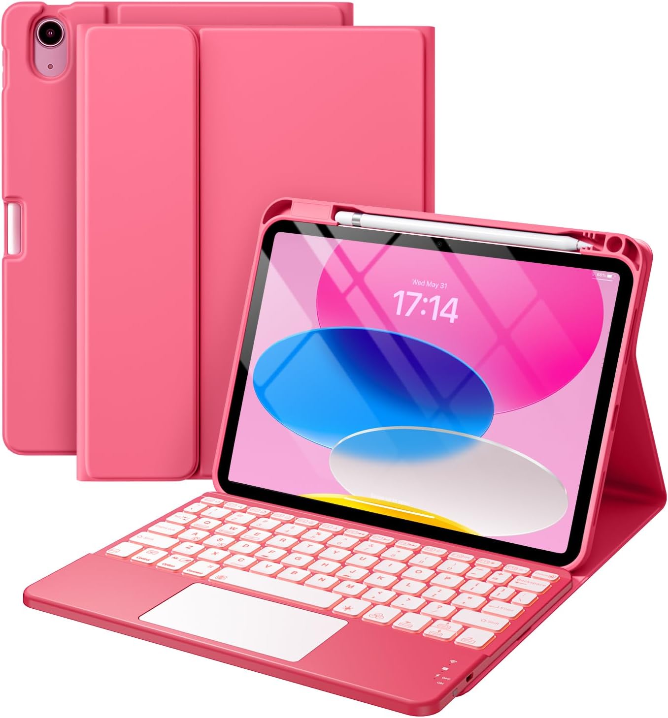 Harvopu Compatible for iPad 11th 10th Generation Case with Keyboard, Folio Cover with Pencil Holder, Multi-Touch Trackpad, 7 Color Backlit, Detachable Keyboard for iPad (A16) 11th/10th Gen (Pink) | wi