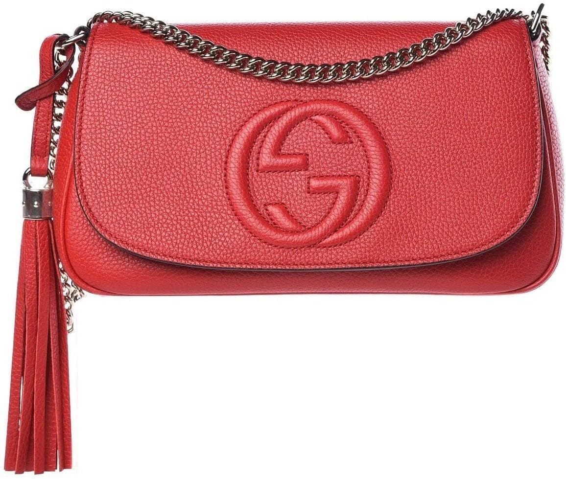 Gucci Soho Interlocking GG Red Leather Chain Flap Shoulder Bag Handbag Italy New | Detachable tassel Chain strap Interior zip pocket Interior slip pocket Dust bag and Controllato cards included
