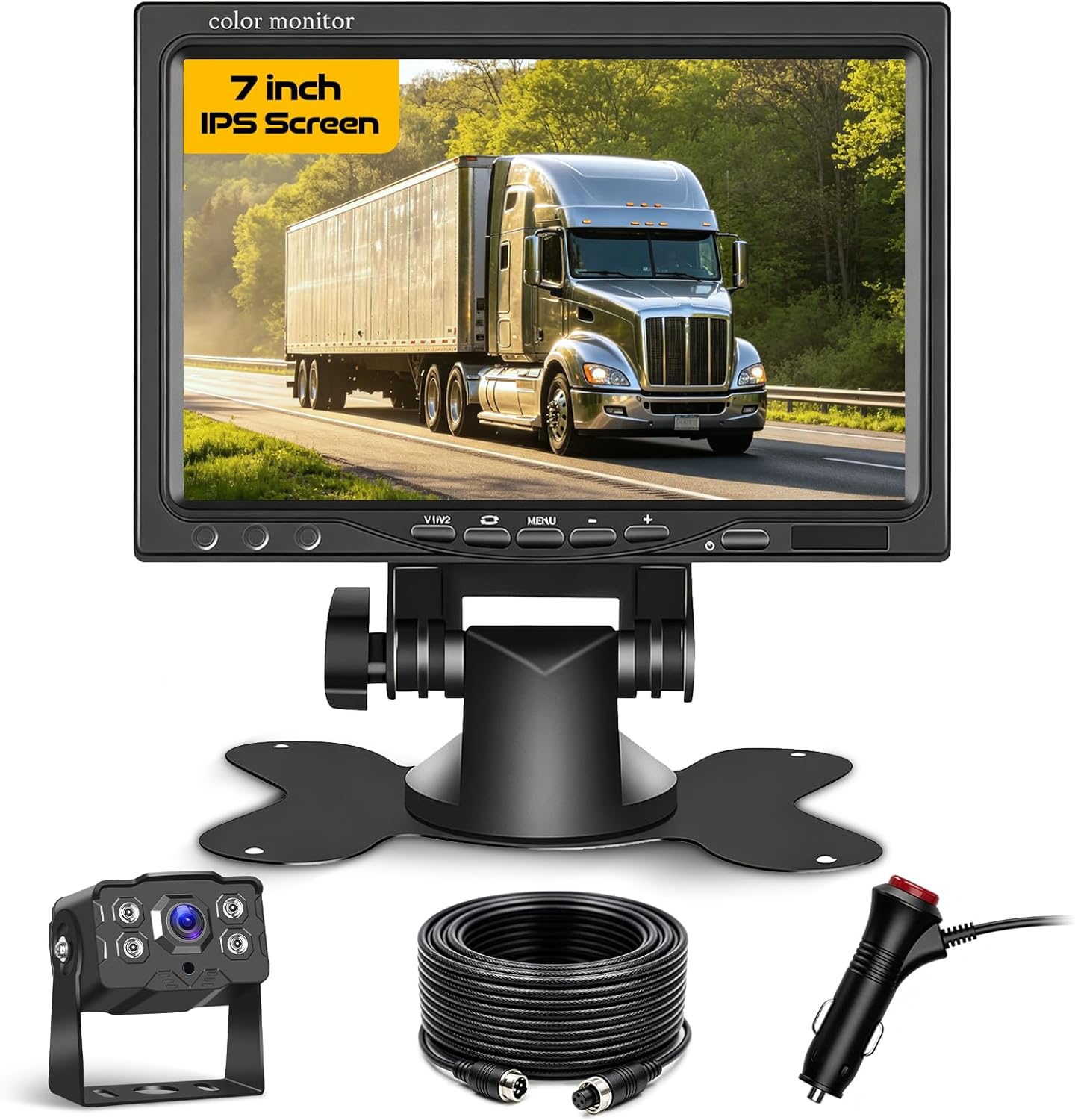 7" 2-Channel Truck Backup Camera Monitor kit No Lag Waterproof Induction Night Vision Reverse Camera + IPS Screen Rear View Monitor Vehicle Parking System for RV Bus Trailer Truck (49ft Video Cable)