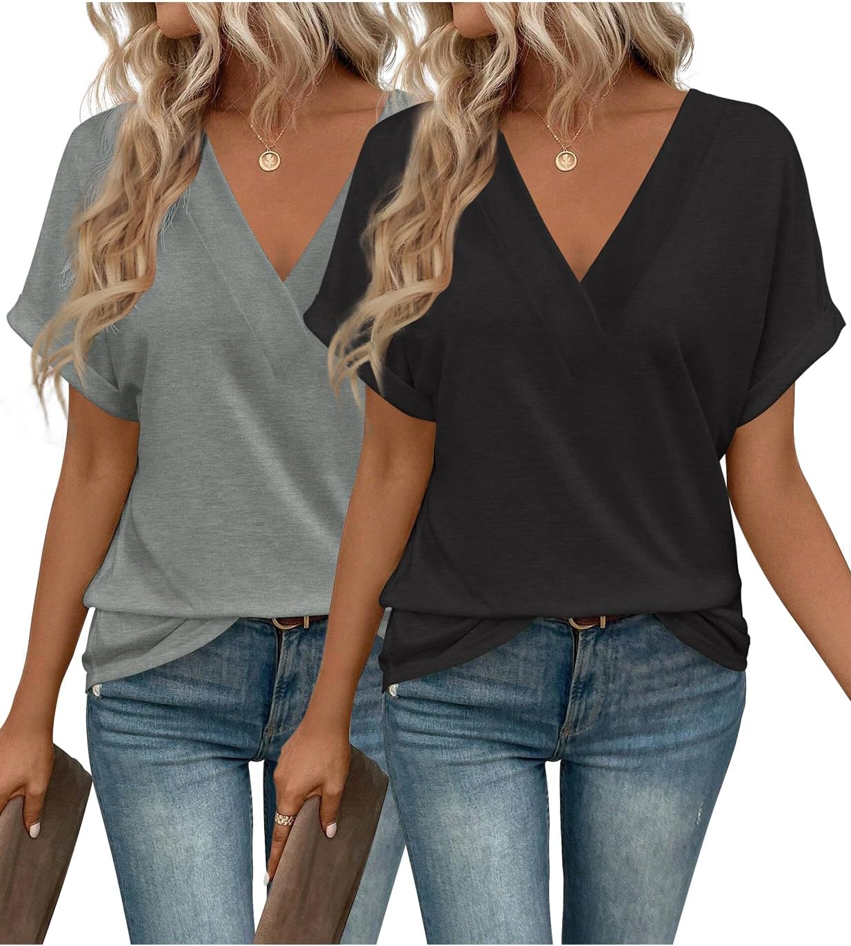 2PCS T Shirts Short Sleeve V Neck Tees Womens Tops Fashion Beach Vacation Clothes 2026 Casual Summer Spring Outfits