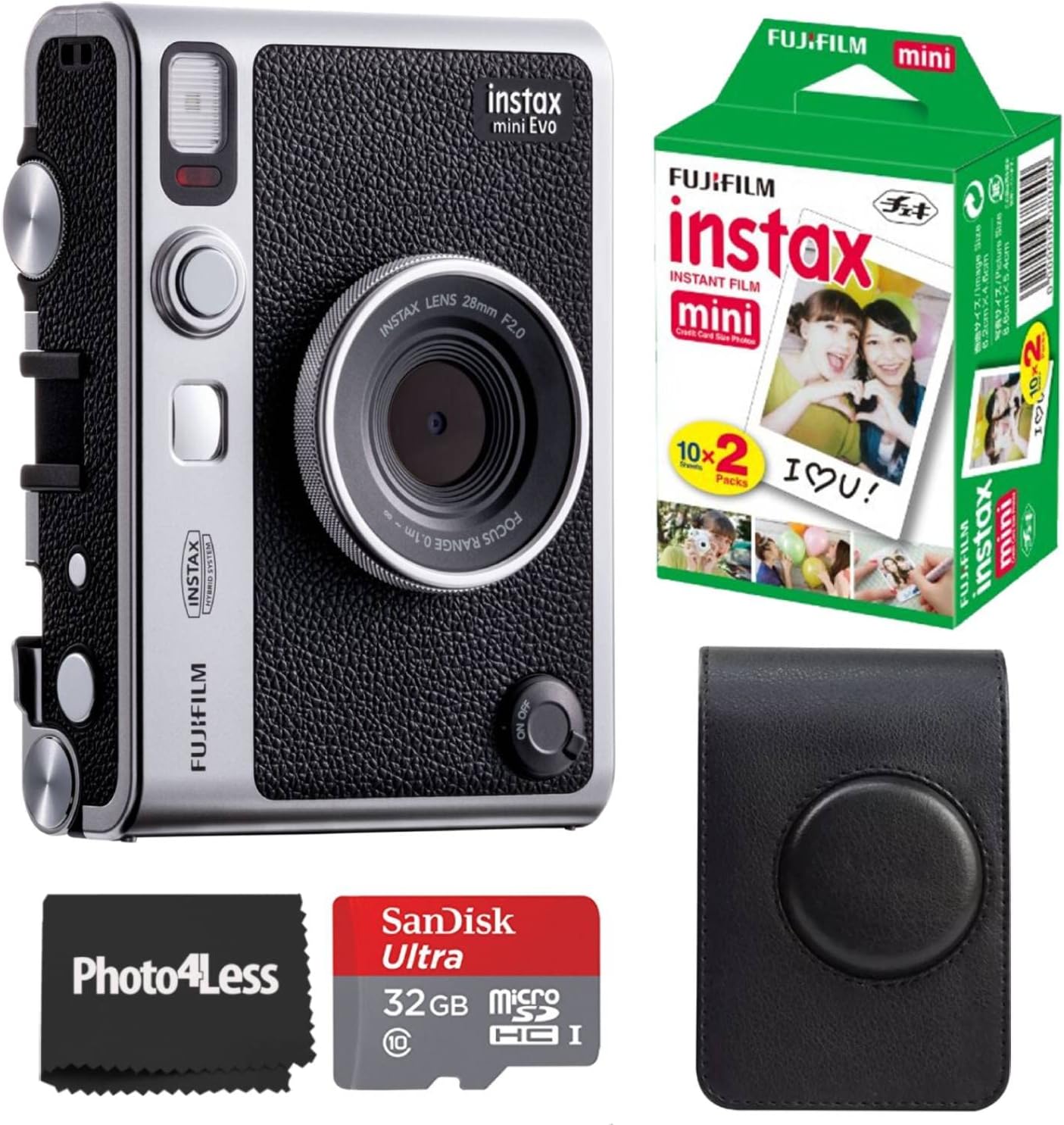 Fujifilm Instax Mini EVO Hybrid Black Instant Camera | Instax Mini Twin Pack Instant Film | 32GB microSD Card with Adapter | Black Camera Case