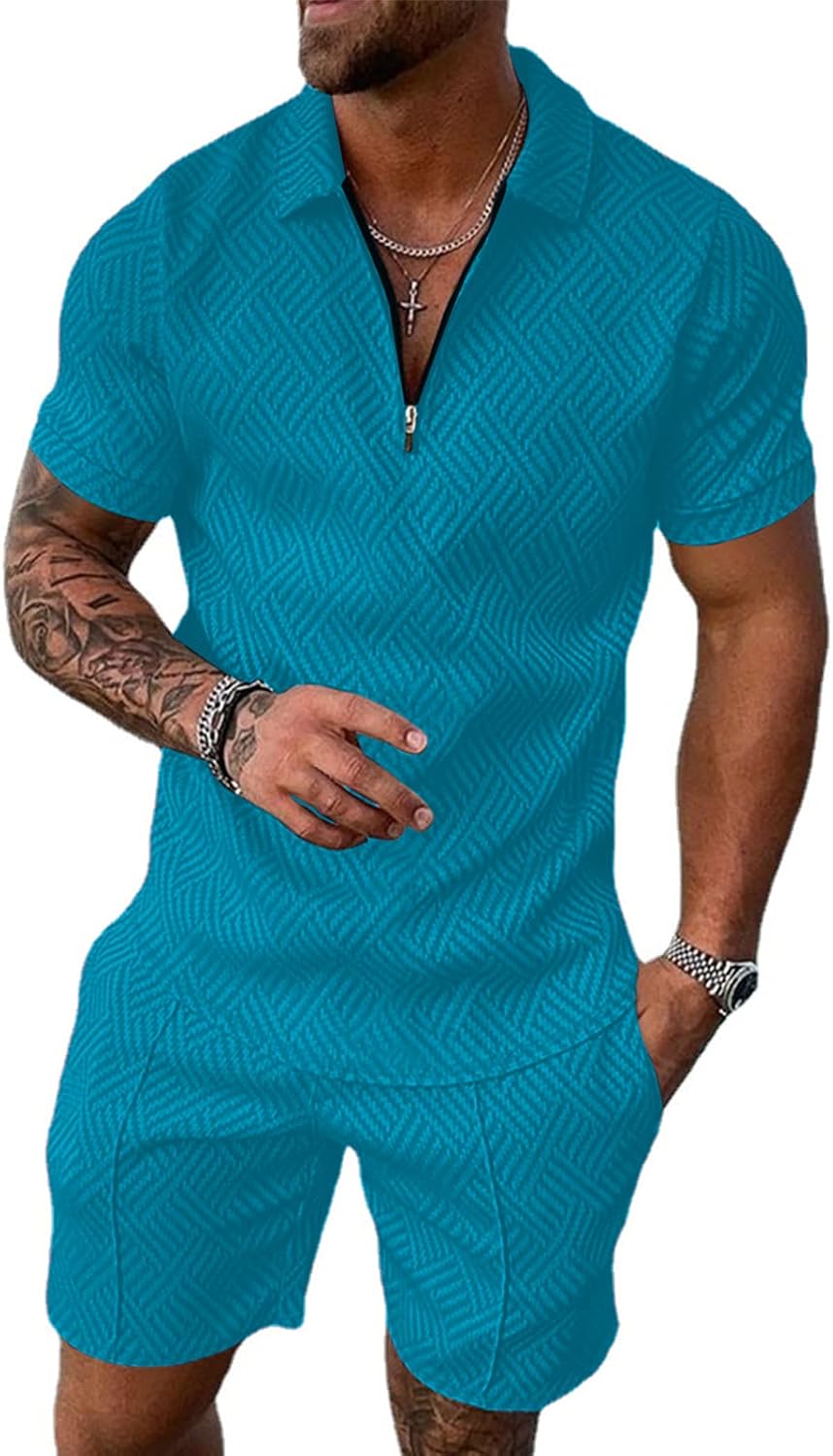 Aulemen Mens 2 Piece Zip Tracksuit Short Sleeve Set Summer Outfits for Men