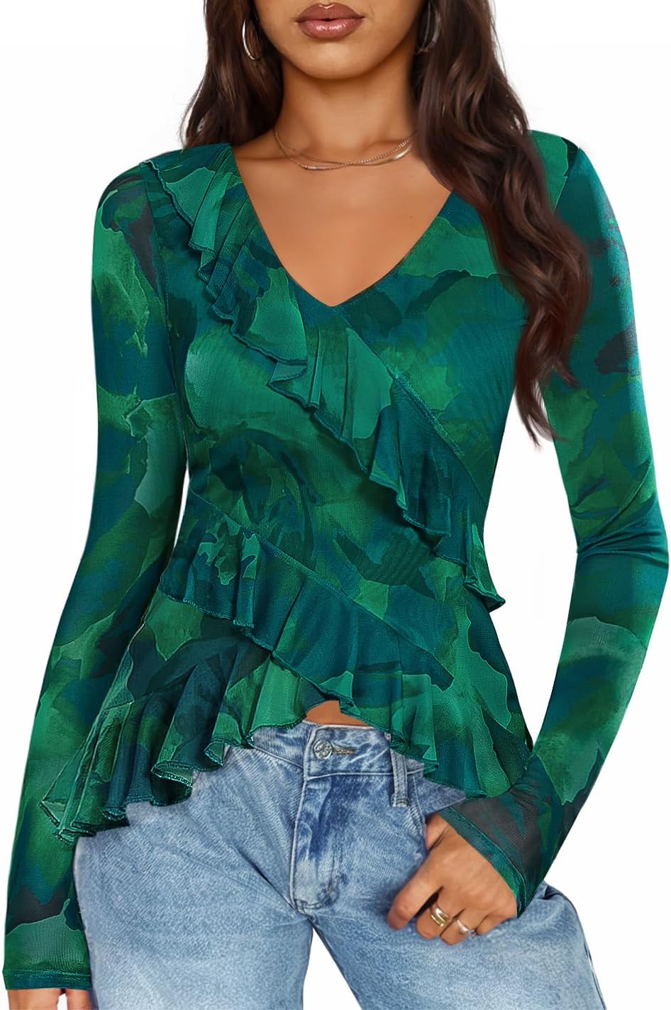 ZESICA Womens Floral Ruffle Mesh Top Long Sleeve Shirts | Fall Going Out Tops, V Neck, Slim Fit, Casual Boho Blouse, Trendy Outfits