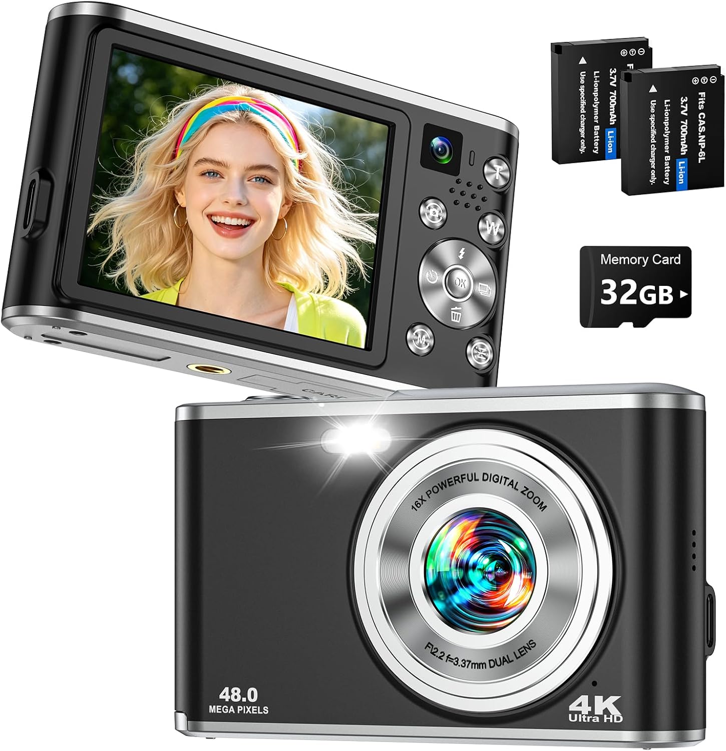 4K Digital Camera for Photography 48MP Dual Lens Autofocus 16X Zoom, Black | Compact with Anti-Shake, Flash, 2.8" Screen, Vlogging Camera for YouTube Travel Selfies, Beginners, 32GB Card, 2 Batteries