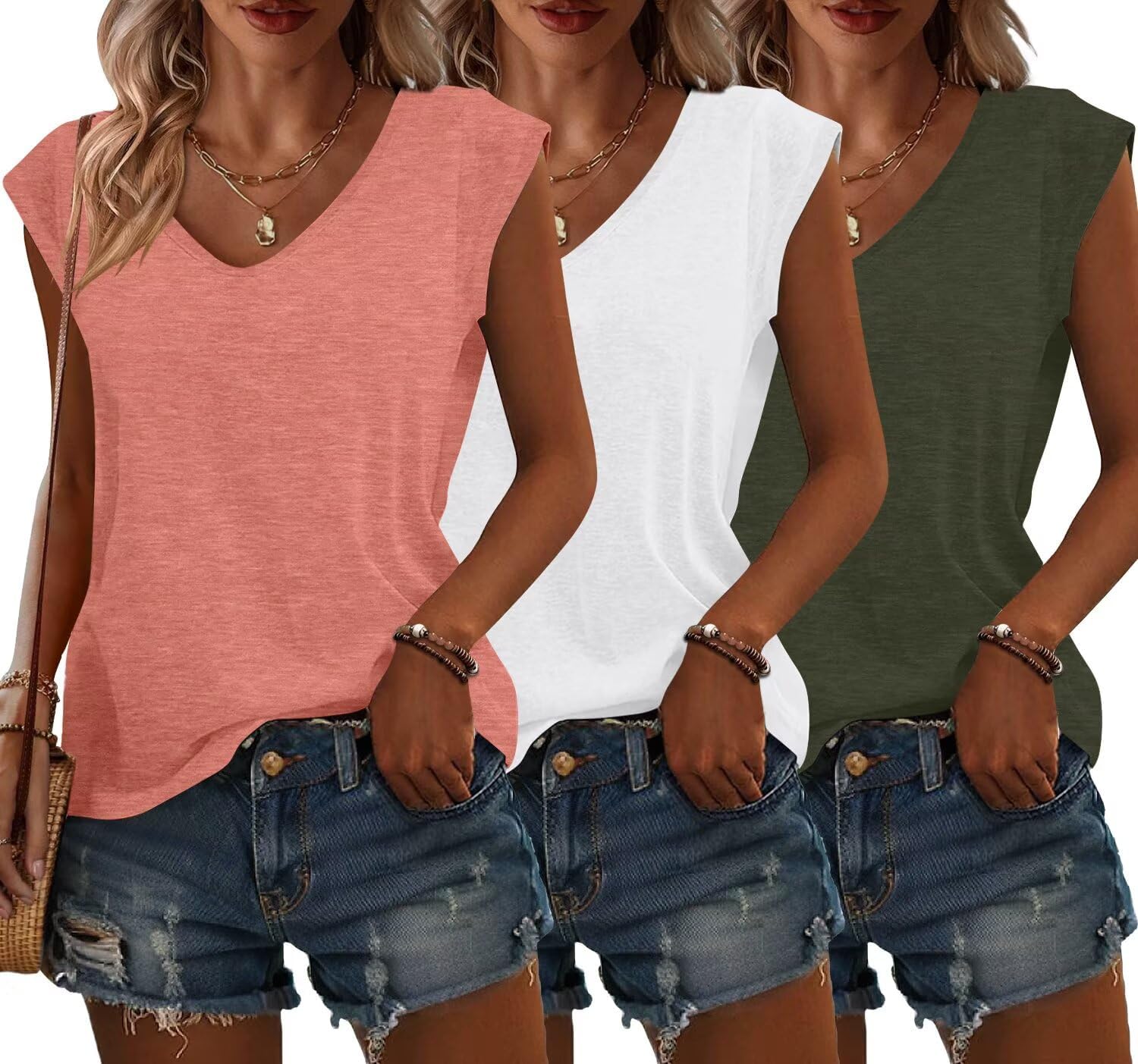 Bliwov 3 Pack Womens Cap Sleeve Tops V Neck T Shirts Summer Spring Outfits Beach Vacation Fashion Tee Blouse Workout Clothes