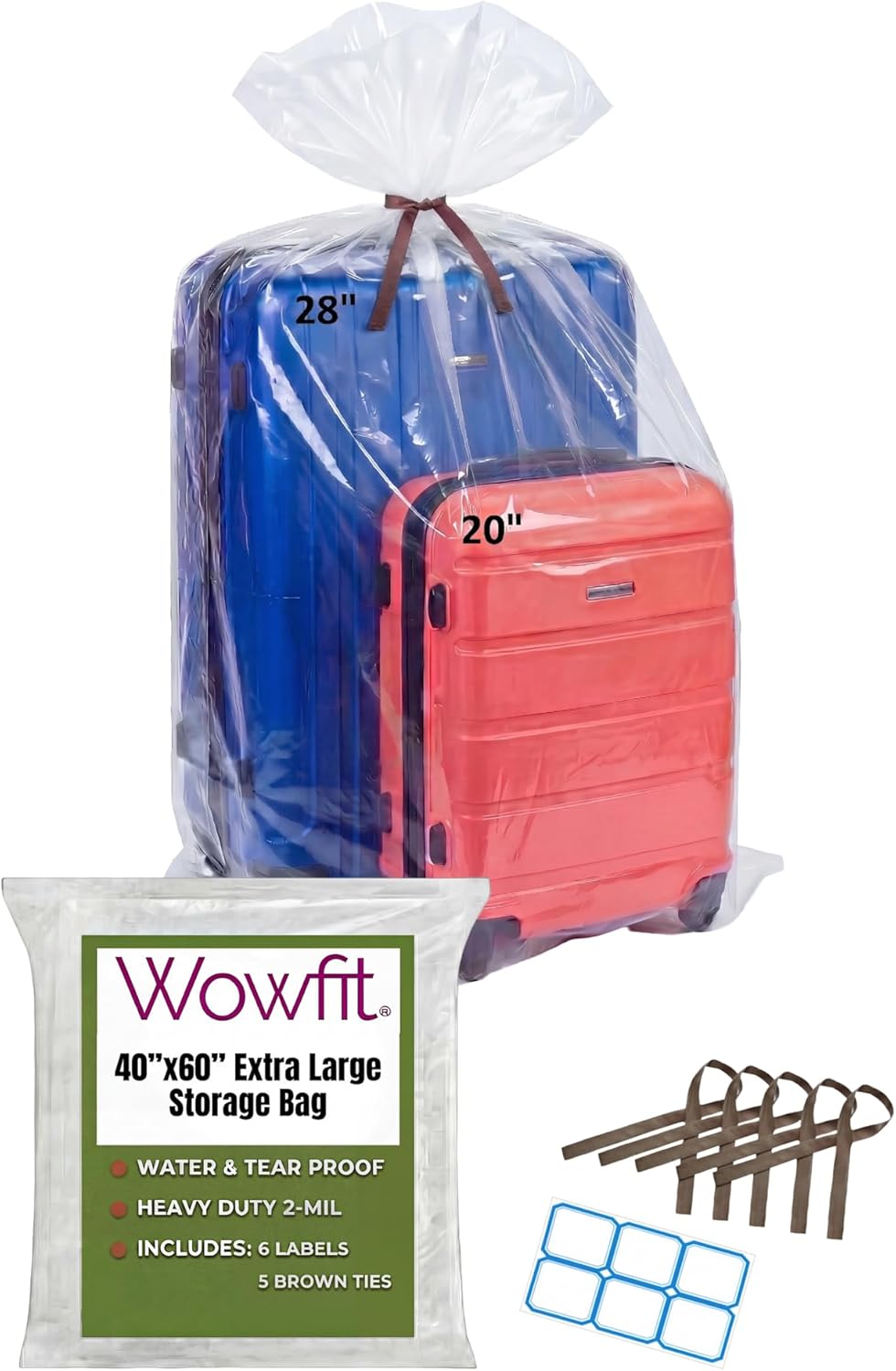 Wowfit Extra Large Storage Bags for Car Seat & Luggage, 40x60, 5 CT, 2 Mil | With Ties & Labels, Clear Flat Plastic, Thick, Patio Cushions, Baby Gear, Christmas Decor, Plants, Attic, Garage, Dust Cove