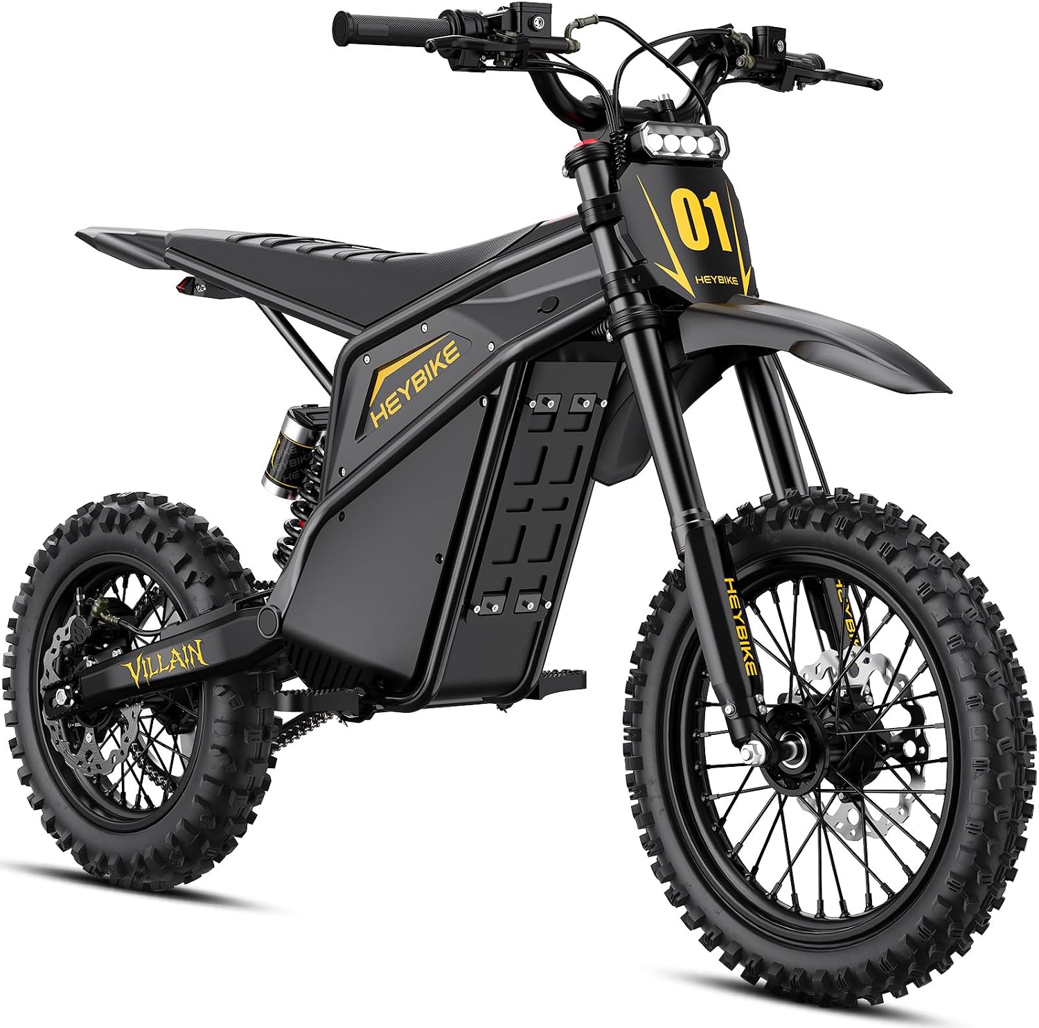 Heybike Villain Electric Dirt Bike, 4160W E Dirt Bike with 52V 26AH Battery, 14"/12" Fat Tire Electric Motorcycle for Teens, Max 45MPH Ebike with Reversing Function（Raven Black）