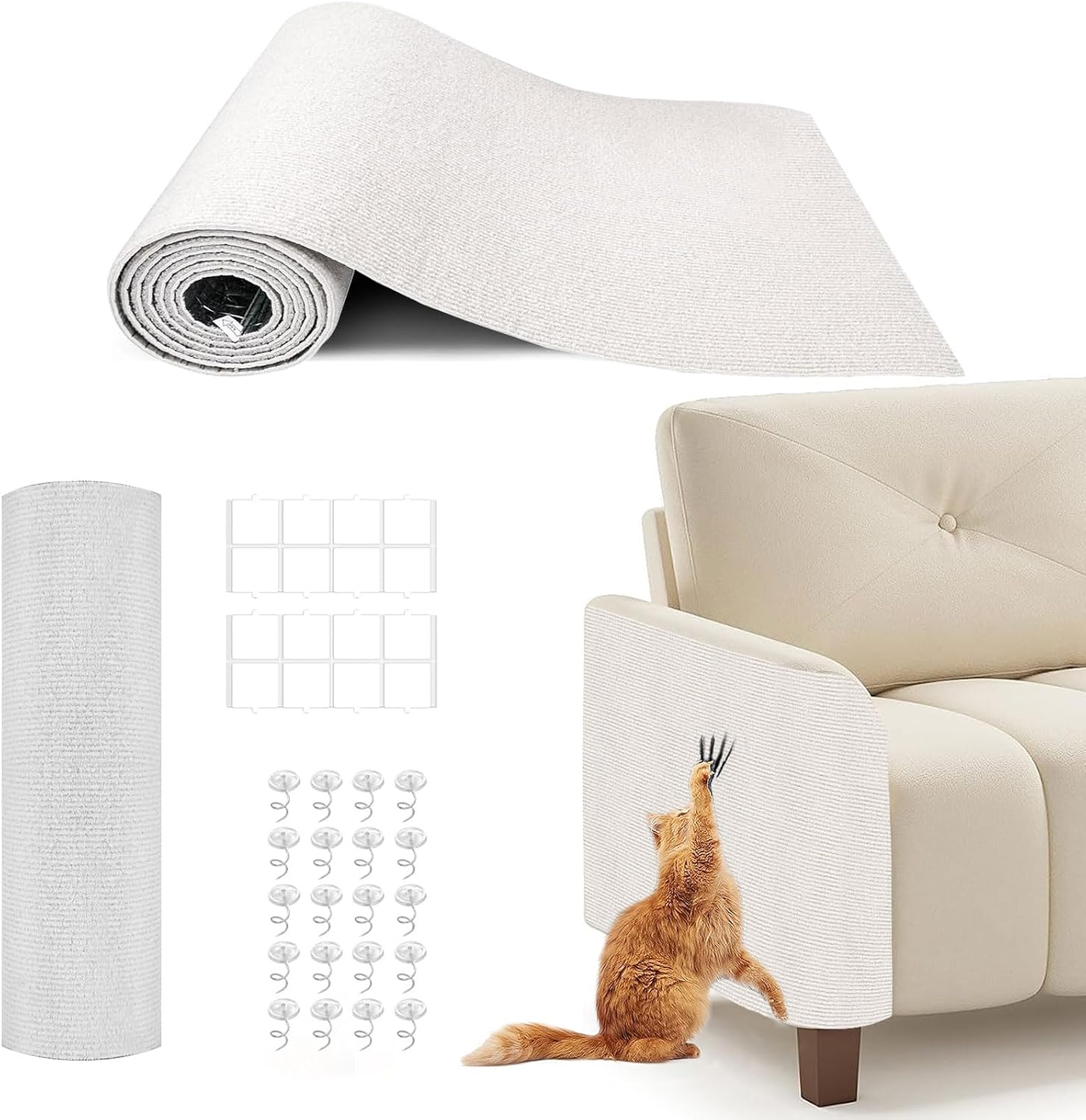 78.7"X15.8" Cat Scratching Mat, Self-Adhesive Cats Carpet, DIY Scratch Furniture Protector for Couch, Sofa, Wall & Doors, Durable Cat Scratch Guards Couch Cats Scratcher from Claw (Off White)