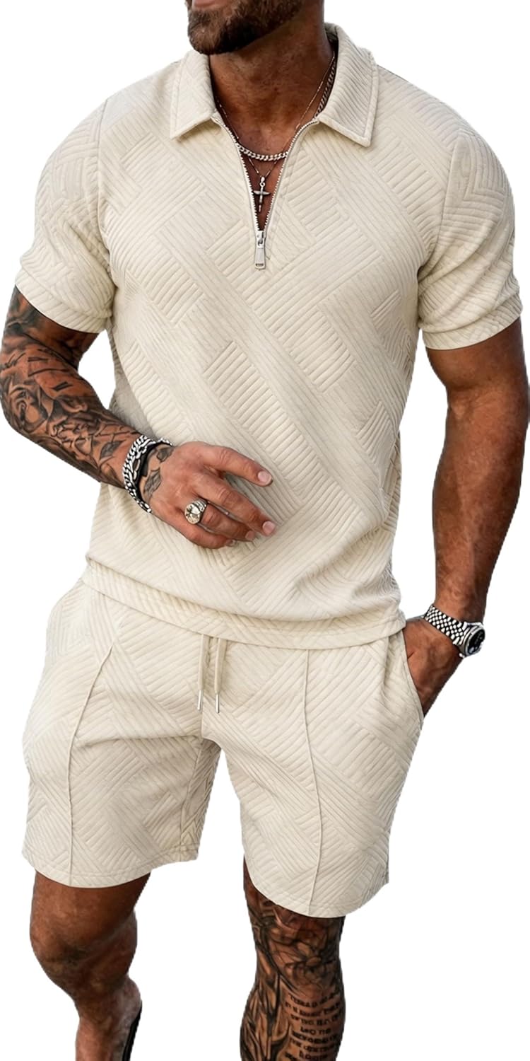Mens Summer Short Sets Outfits Fashion Zip Polo Shirt and Shorts 2 Piece Set Casual Tracksuit for Golf Vacation