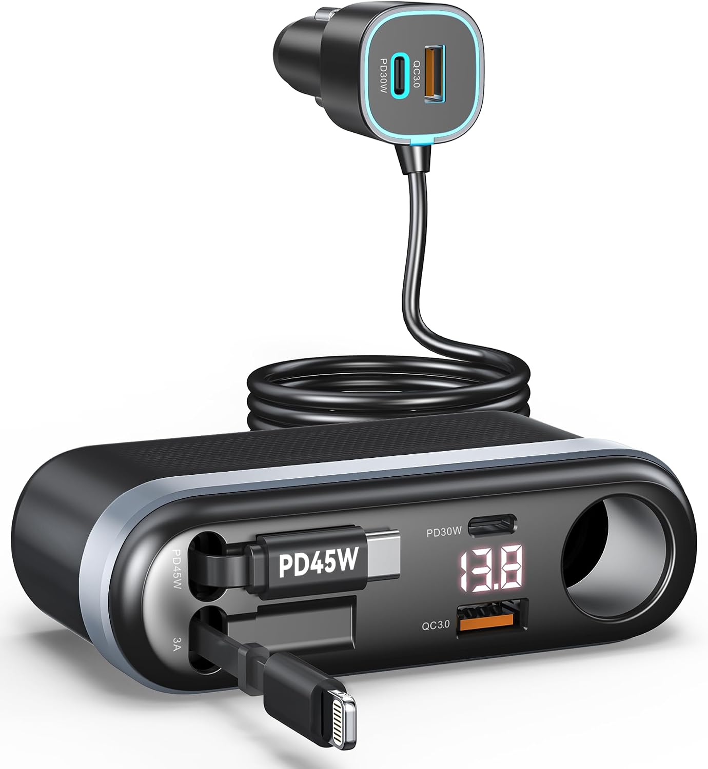 7-in-1 295W Retractable Car Charger Adapter, Fast Charging USB C Car Accessories with Cigarette Lighter Splitter, 45W Type-C & 30W Lightning Cables,4 USB Ports, Road Trip Tech Gifts for Men/Dad