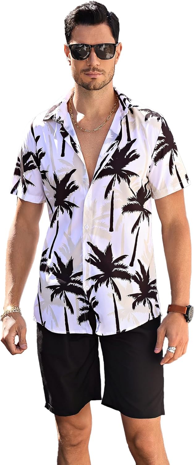 SOLY HUX Men's 2 Piece Outfits Tropical Print Short Sleeve Button Down Hawaiian Shirt and Shorts Set