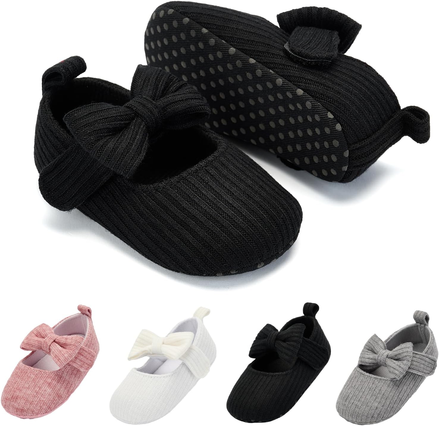 BACSAC Baby Girls Mary Jane Flats with Bow Soft Sole Non-Slip Crib Shoes Infant Toddler First Walkers Princess Dress Shoes