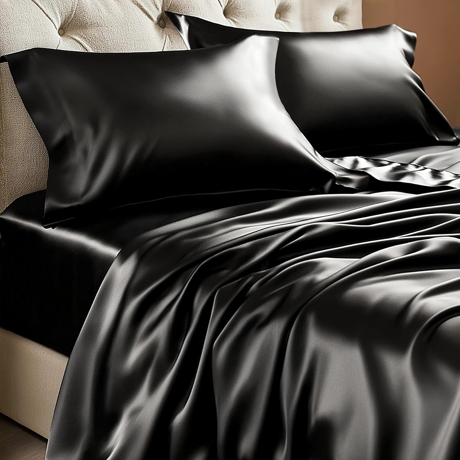 BEDELITE Satin Sheets Full Size Bed Set, Black, 4 Pieces | Luxury Silky Bed Sheets, 15 Inch Deep Pocket, Similar to Silk, Soft and Cooling, Reduces Friction, Gentle on Hair and Skin