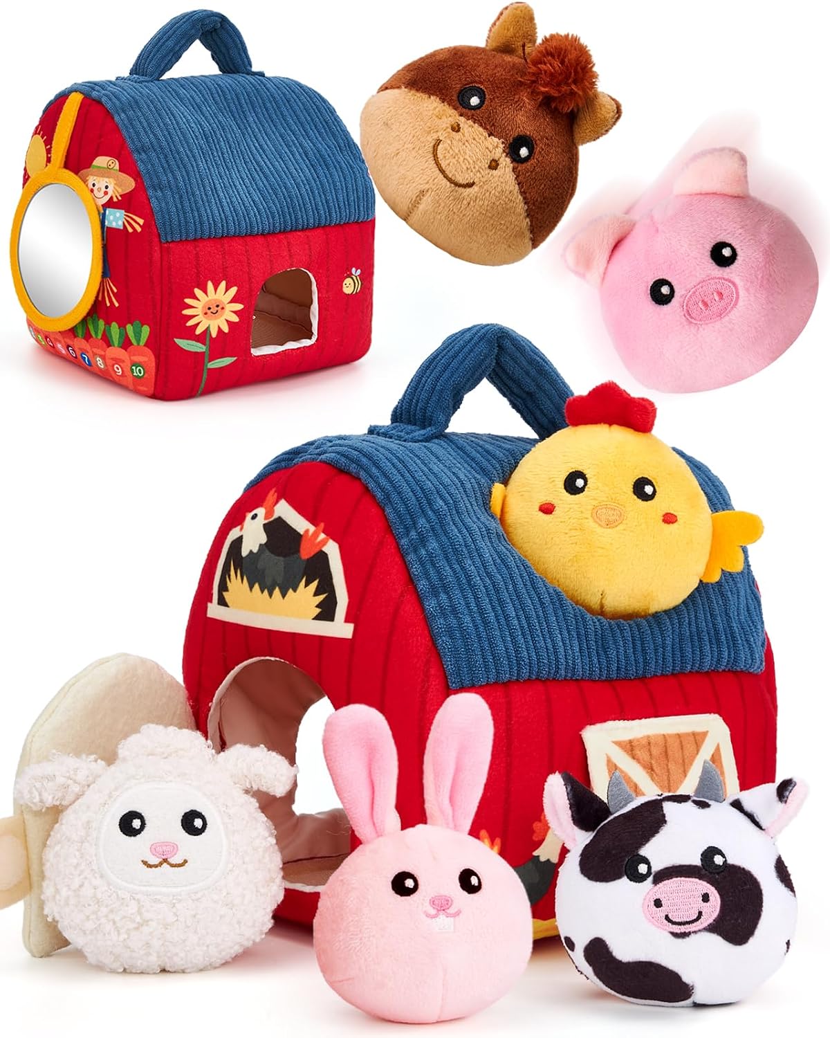 hahaland Baby Toys 6-12 Months - Surprise Barn Stuffed Farm Animals, Rattle, Crinkle, Mirror, Montessori Toys for 6 Month Old Sensory Balls 1-3, Baby Boy Gifts, Farm Plush Toys for Babies Travel Toy |
