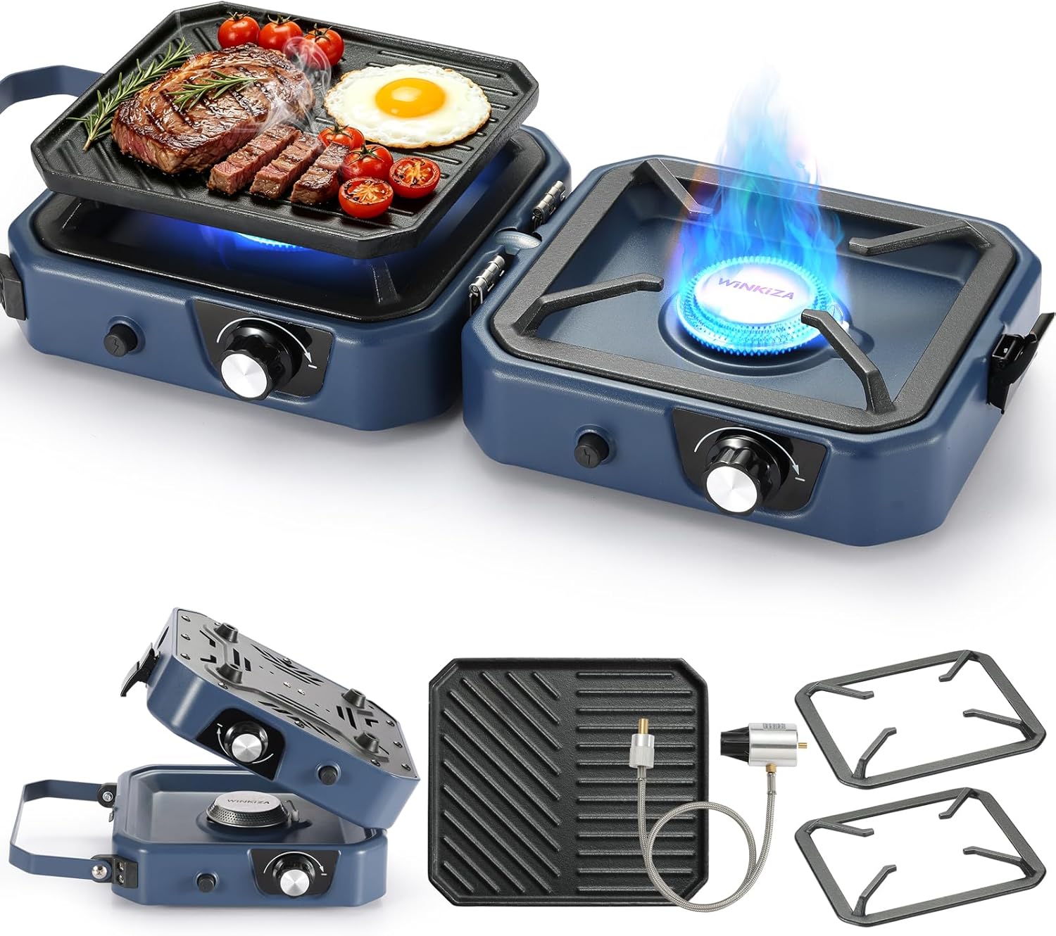 304 Stainless 2 Burner Propane Camping Stove with Griddle,Portable Floding Propane Camp Stoves with 24000BTU,Compatible with Grill Pan,Kettles & Cookware