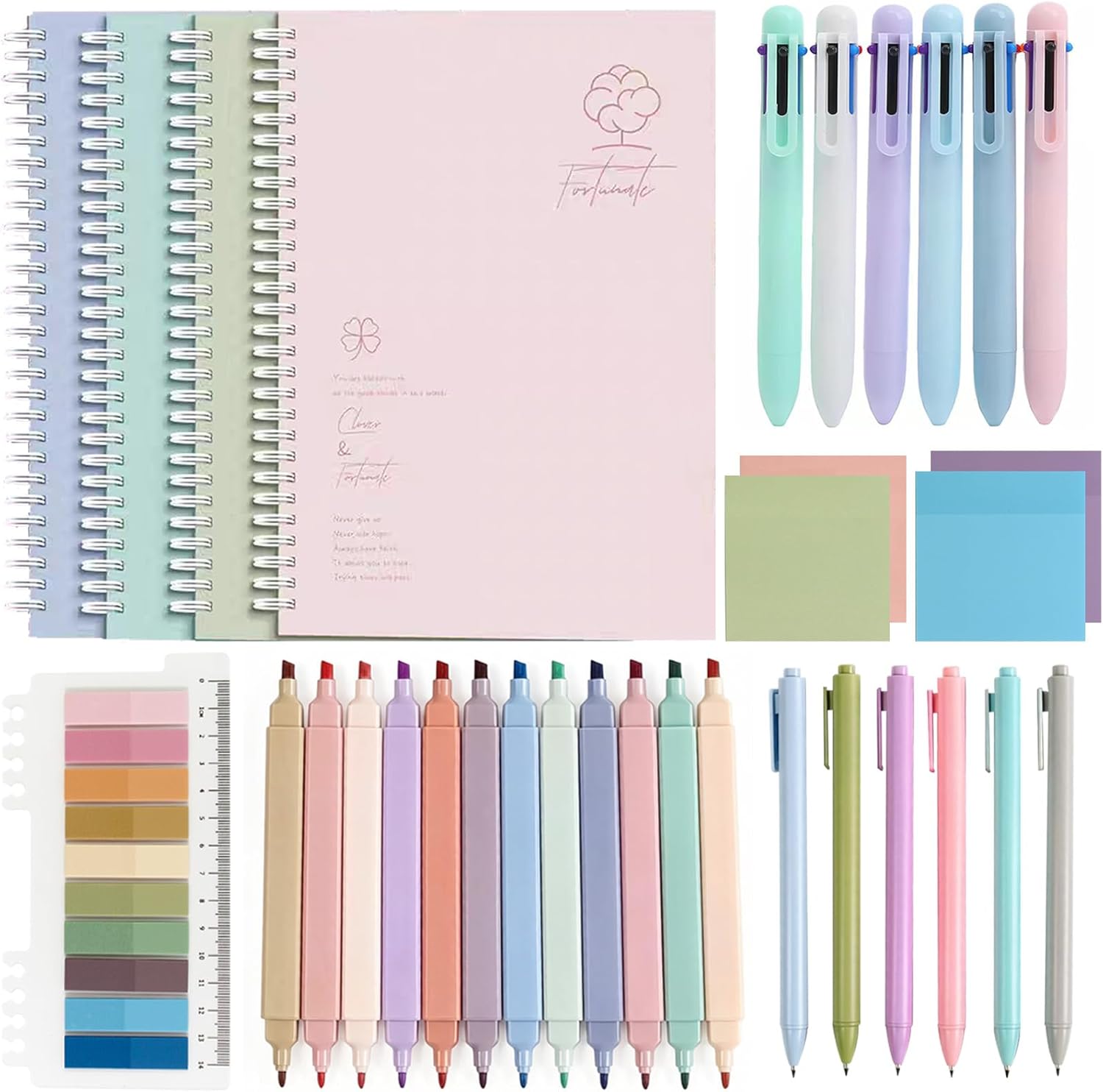 33 Pcs Aesthetic Spiral Notebook Set, Cute College Ruled Stationary A5 Journal/Notebook with Pastel Highlighters Gel Pens Ballpoint Sticky Note Index Tabs Back to School Supplies for Students Kids