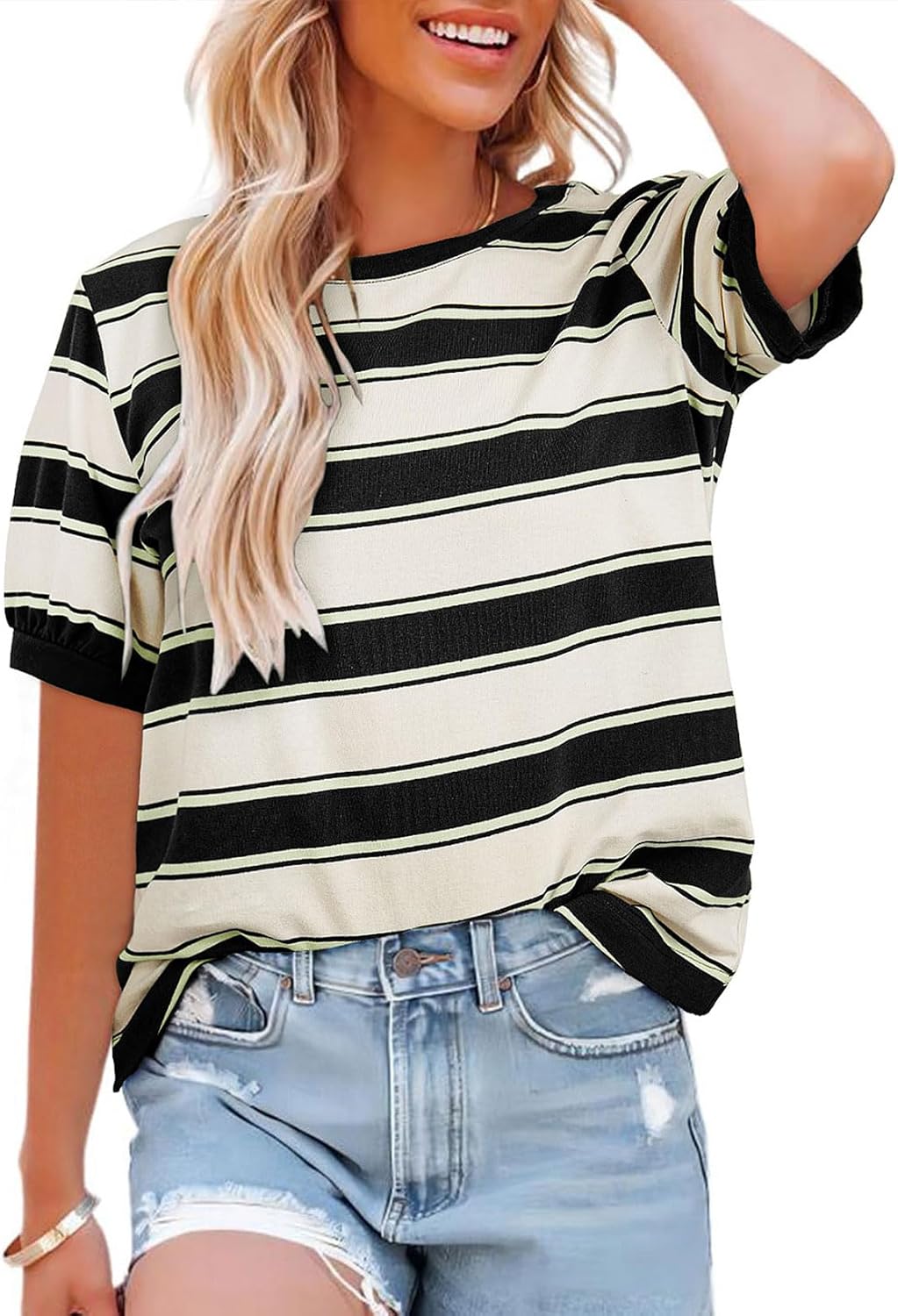 Dokotoo Womens Summer Tops 2026 Striped Color Block Short Sleeve Fashion T-Shirts Crewneck Casual Loose Basic Tee Blouses