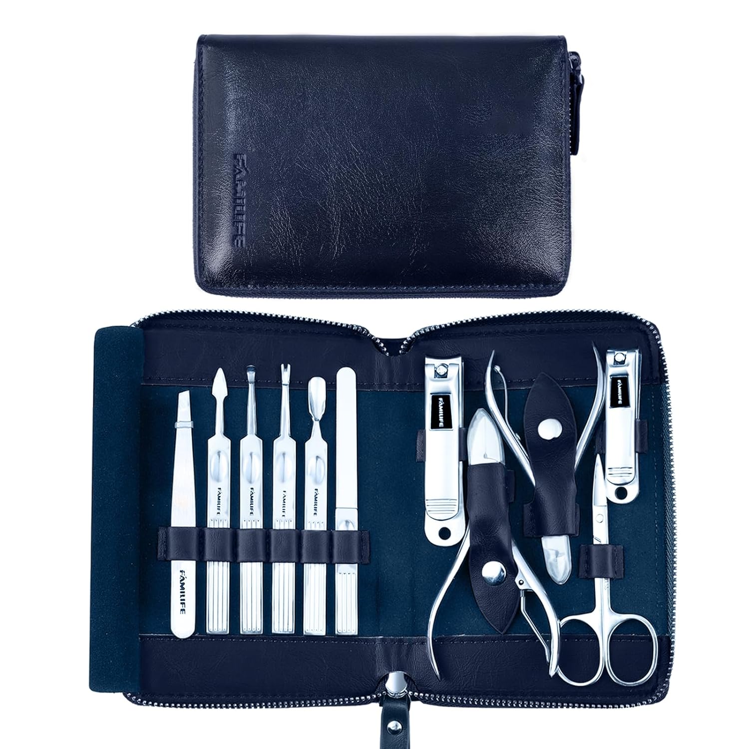 Stainless Steel Manicure Set 11-in-1 Professional Nail Clipper Kit | Portable Leather Travel Case, Pedicure & Grooming Tools for Fingernails & Toenails, Luxury Gift for Men & Women, Navy Blue