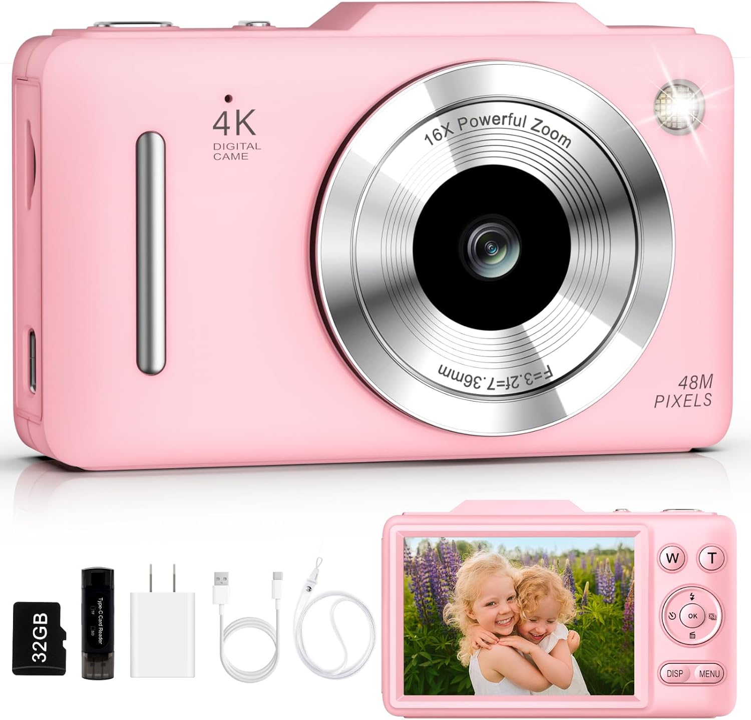 Digital Camera 4K Autofocus Vlogging Camera for Photography with 16X Zoom Anti Shake, 32GB Card, 48MP Compact Portable Point and Shoot Camera for Kids Boys Girls Teens Beginner（Pink）
