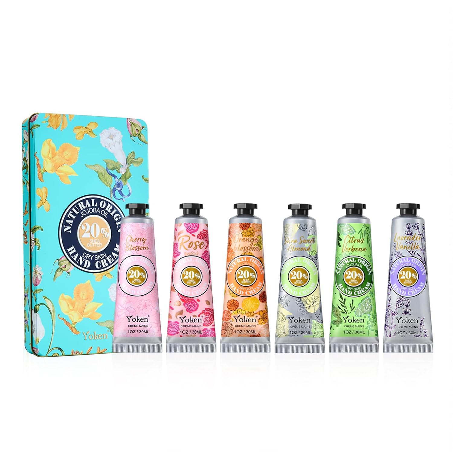 Yoken 20% Shea Butter Hand Cream Gift Set, 6 x 1oz Travel Size | Gentle Soothing Moisturizing Delicate Tin Almond Clean Ingerdients Almond Citrus Verbena and Floral Scented