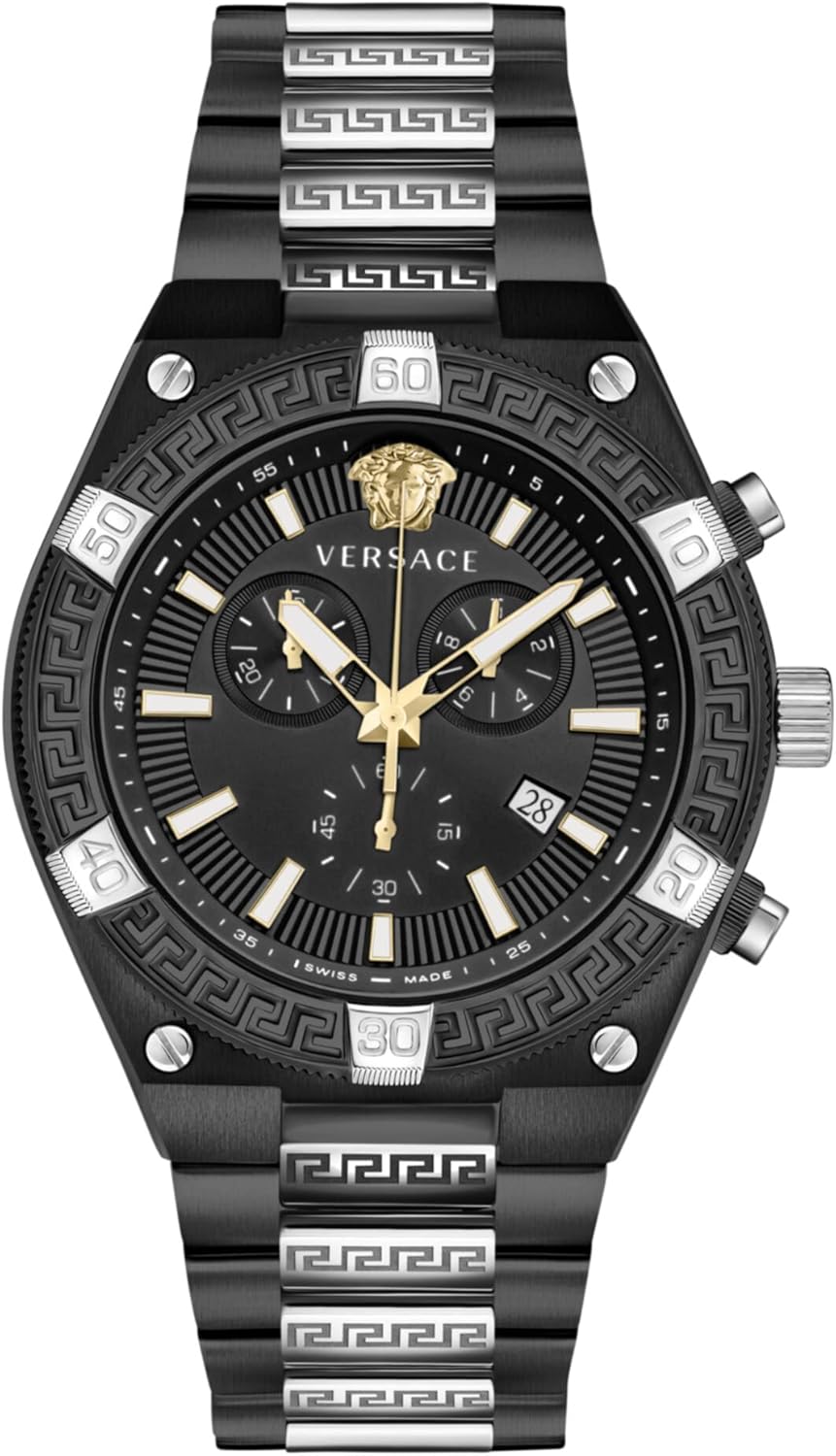 Versace V-Sporty Greca Collection Luxury Mens Watch Timepieces with a Black Bracelet, Case and Dial