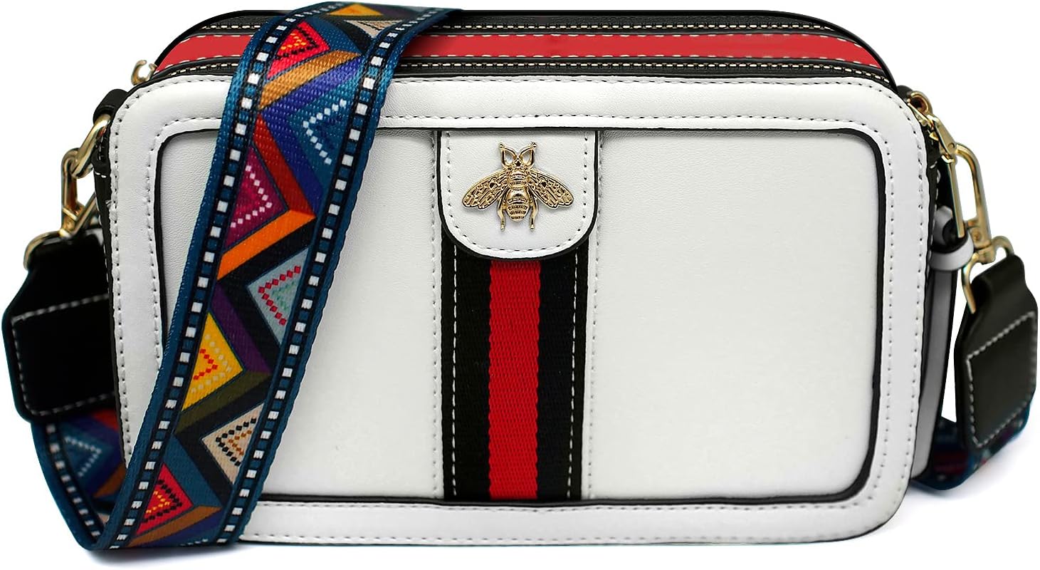 Beatfull Designer Crossbody Bag Bee Shoulder Purse for Women Trendy Wide Strap Camera Clutch PU Leather Handbag