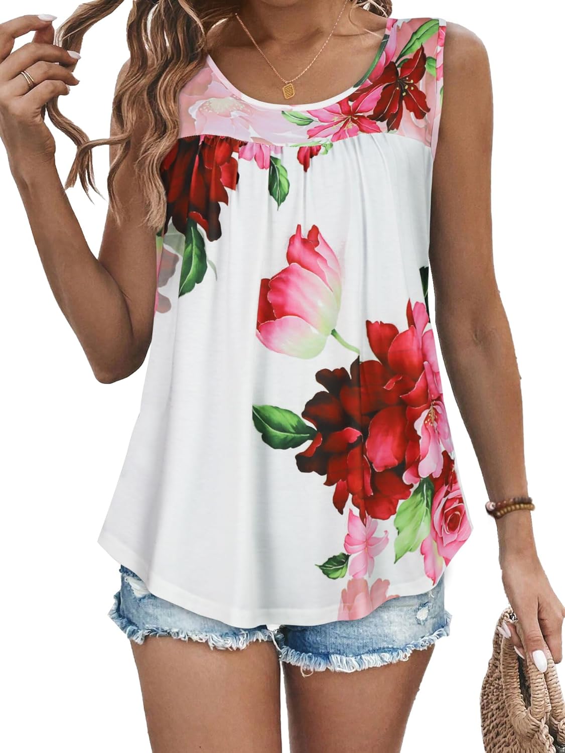 Womens Tank Tops Summer Sleeveless Blouse Crewneck Casual Loose Fit Tunic Shirt
