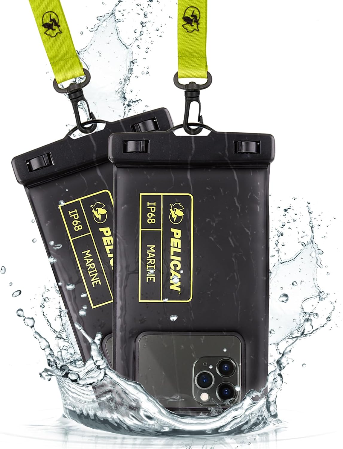 Pelican 2 Pack Marine Waterproof Phone Pouch (Regular) -Black/Hi-Vis Yellow | Touchscreen IP68 Floating Waterproof Phone Case w/Detachable Lanyard - Fits All Phones - Beach Cruise Ship Travel Essentia