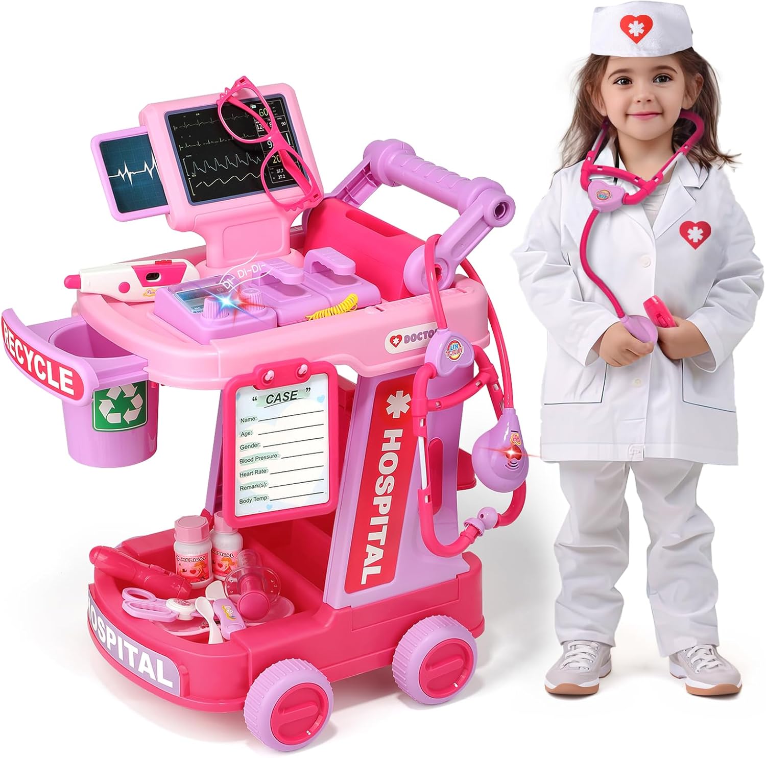 Liberry Toddlers Doctor Kit Toy for Girls Boys Ages 2 3 4 5, Pink | Kids Doctor Playset with Cart, Costume & Stethoscope, Role Play, Pretend Play Medical Toys, Birthday Gift