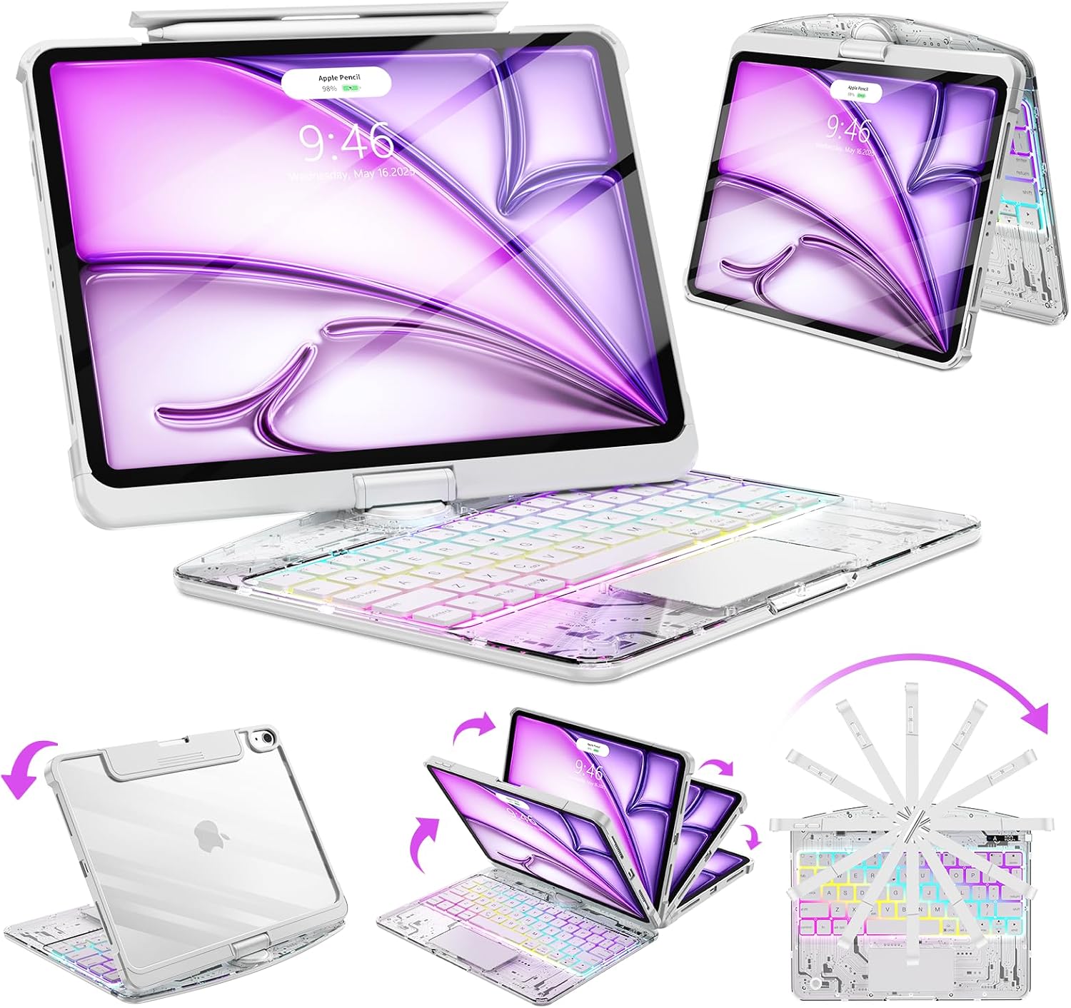SIBEITU Clear Keyboard Case for iPad Air 13 Inch (M4/M3/M2, 2026/2025/2024) | Wireless 360 Rotatable iPad Pro 12.9" 6th 5th 4th 3rd Gen Cover, Precision Trackpad, 7-Color Backlight, Pencil Holder, Whi
